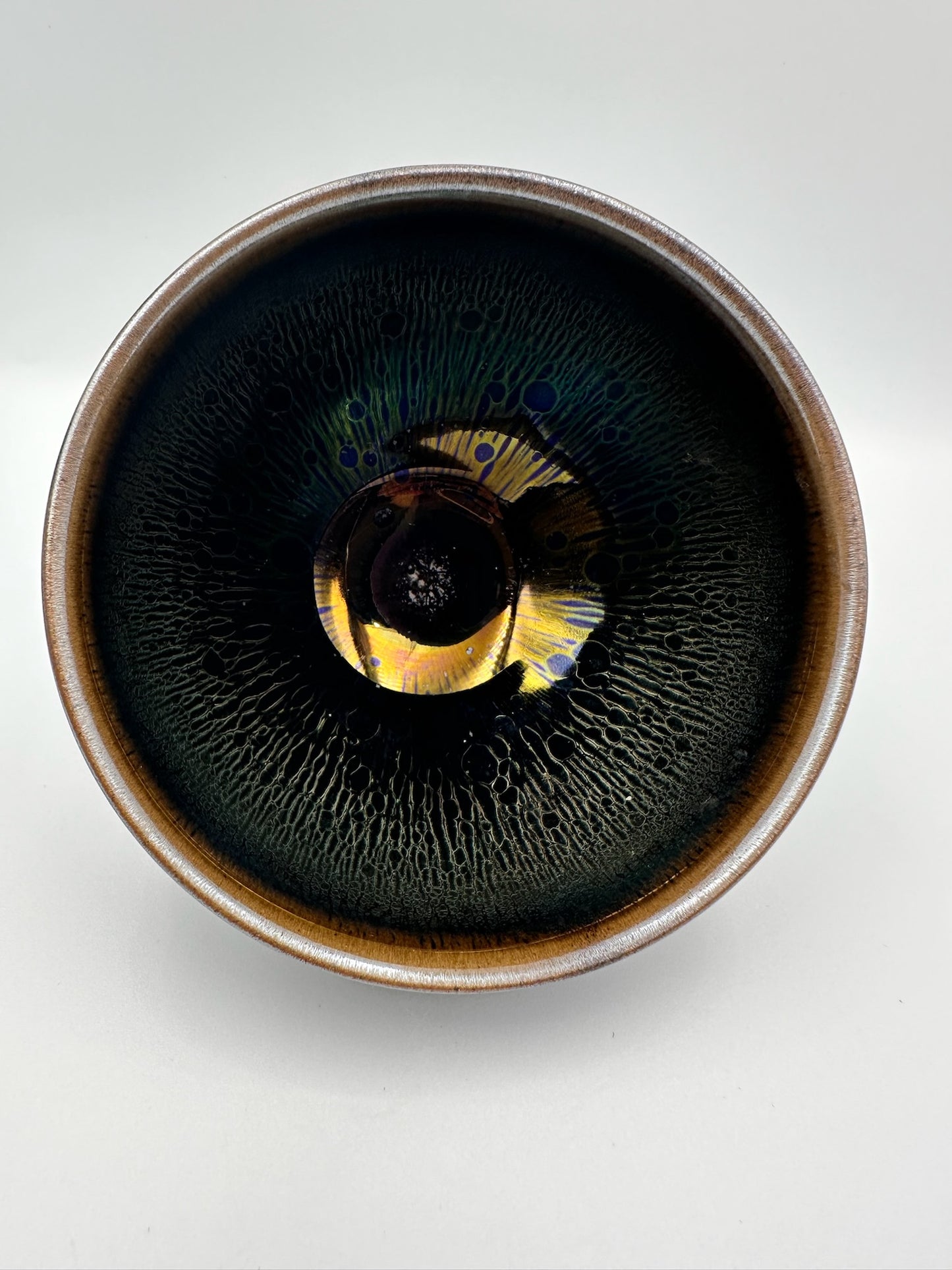 Black glaze green hare’s fur and oil droplet pattern tied mouth shape cup, LiuYouLiang