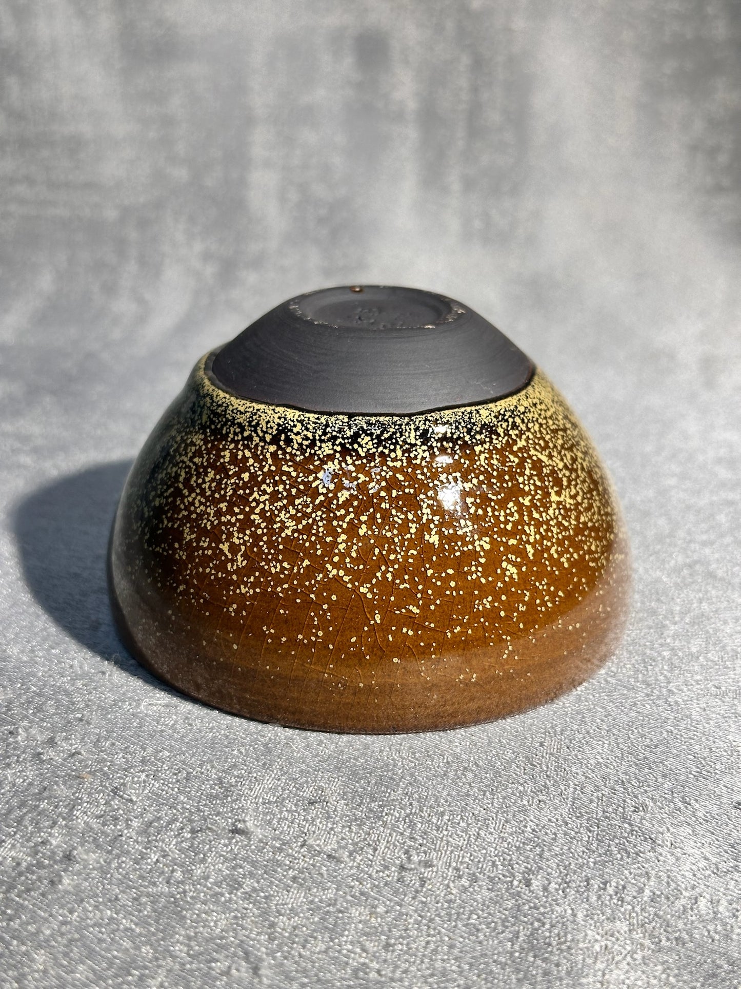 Cup1-Brown jade-like glaze daisy oil droplets pattern ice crackles monk bowl shape cup 古潭花 by WangZhangLiang