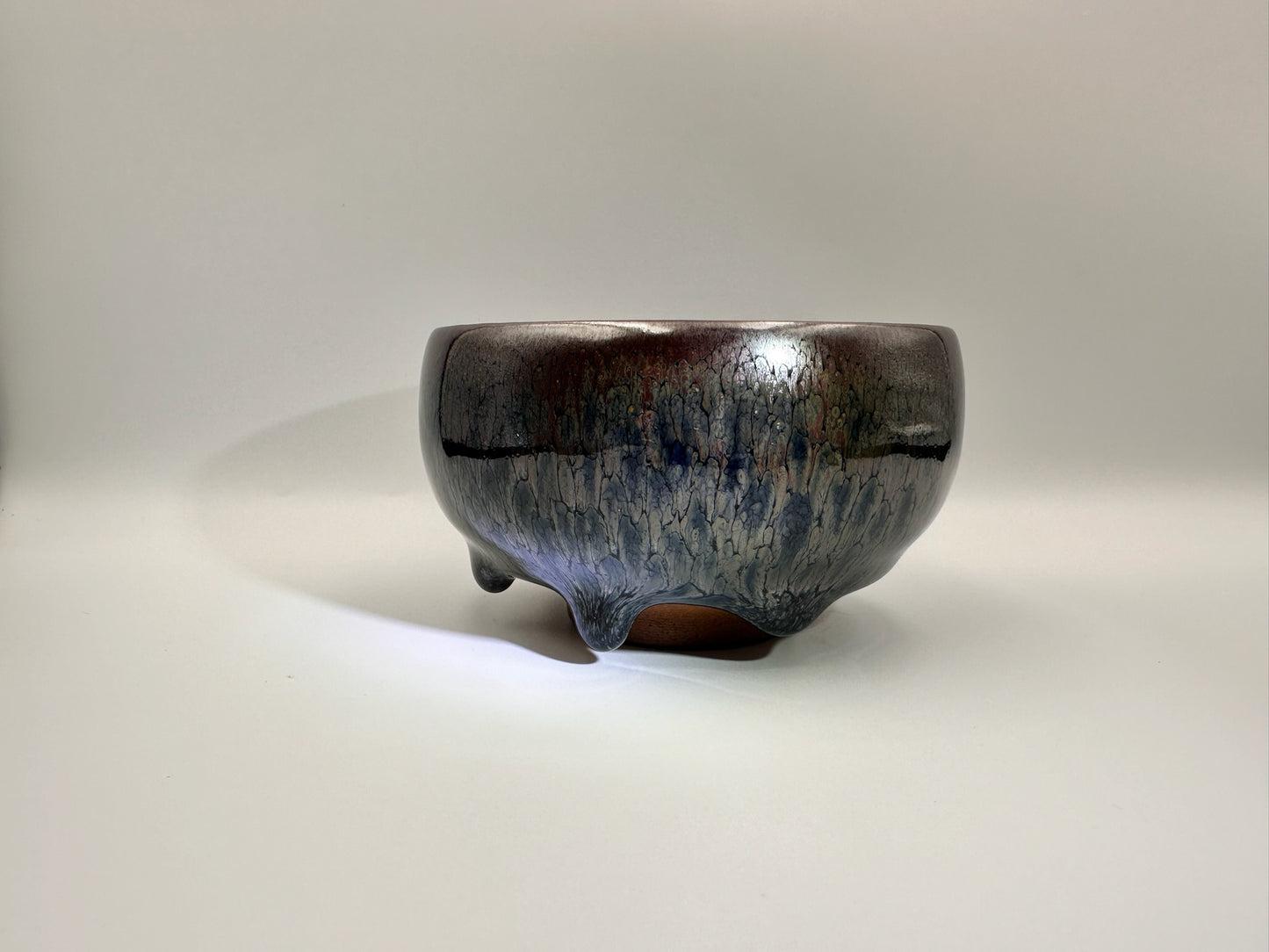 Black glaze kiln transformed multi-colored partridge pattern zen bowl shape cup with 5 glaze drips, LiuYouLiang