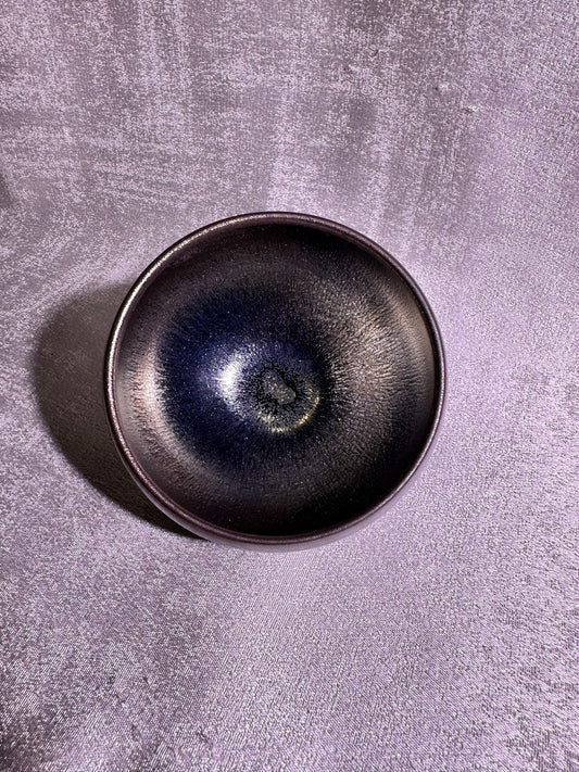 Cup22-Black glaze silver oil droplet hare’s fur pattern iridescent color monk bowl shape cap by YeShiMing