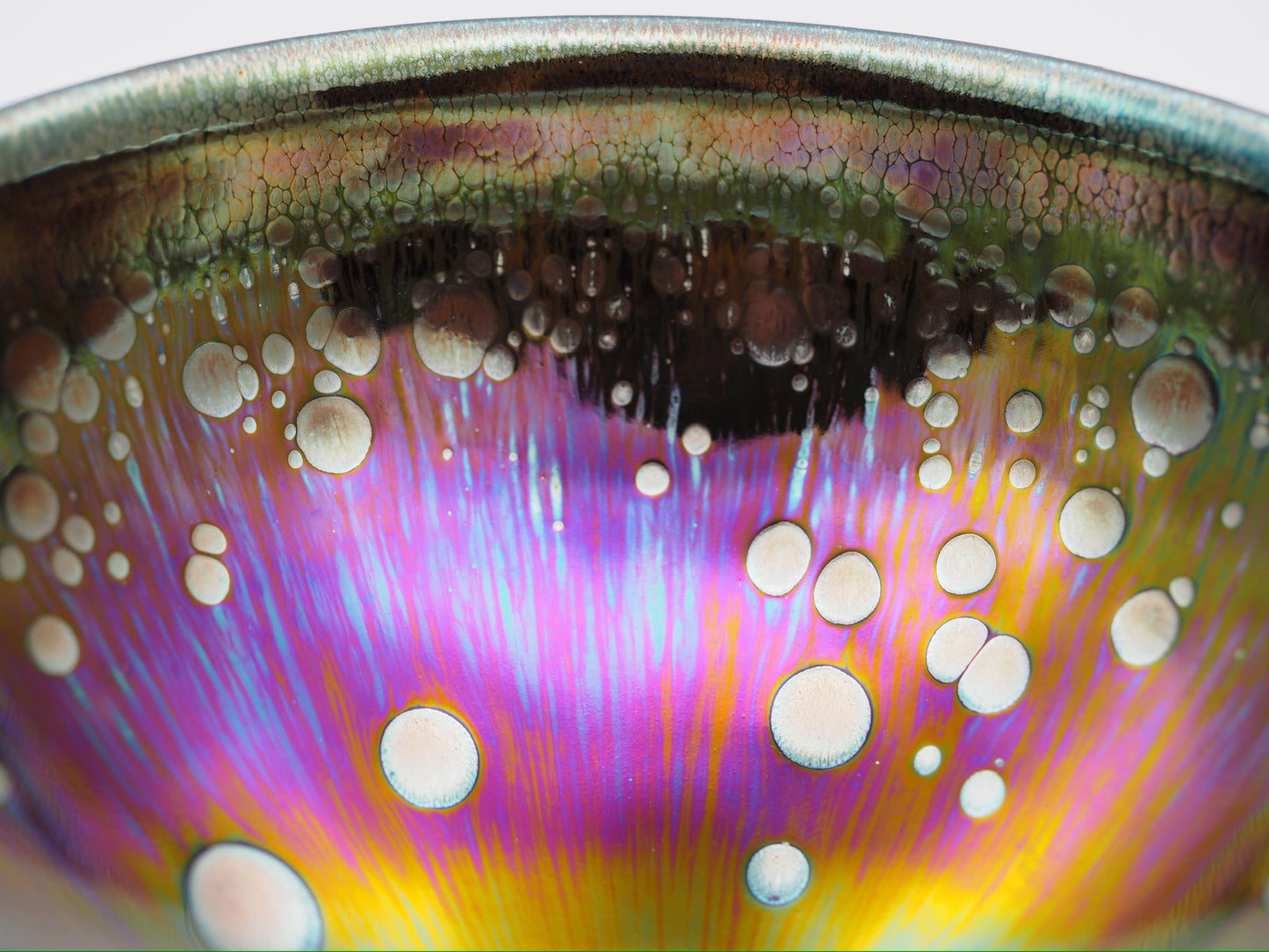 Multi color galaxy-like yohen glaze tied mouth Diancha tea bowl with one glaze tear drop