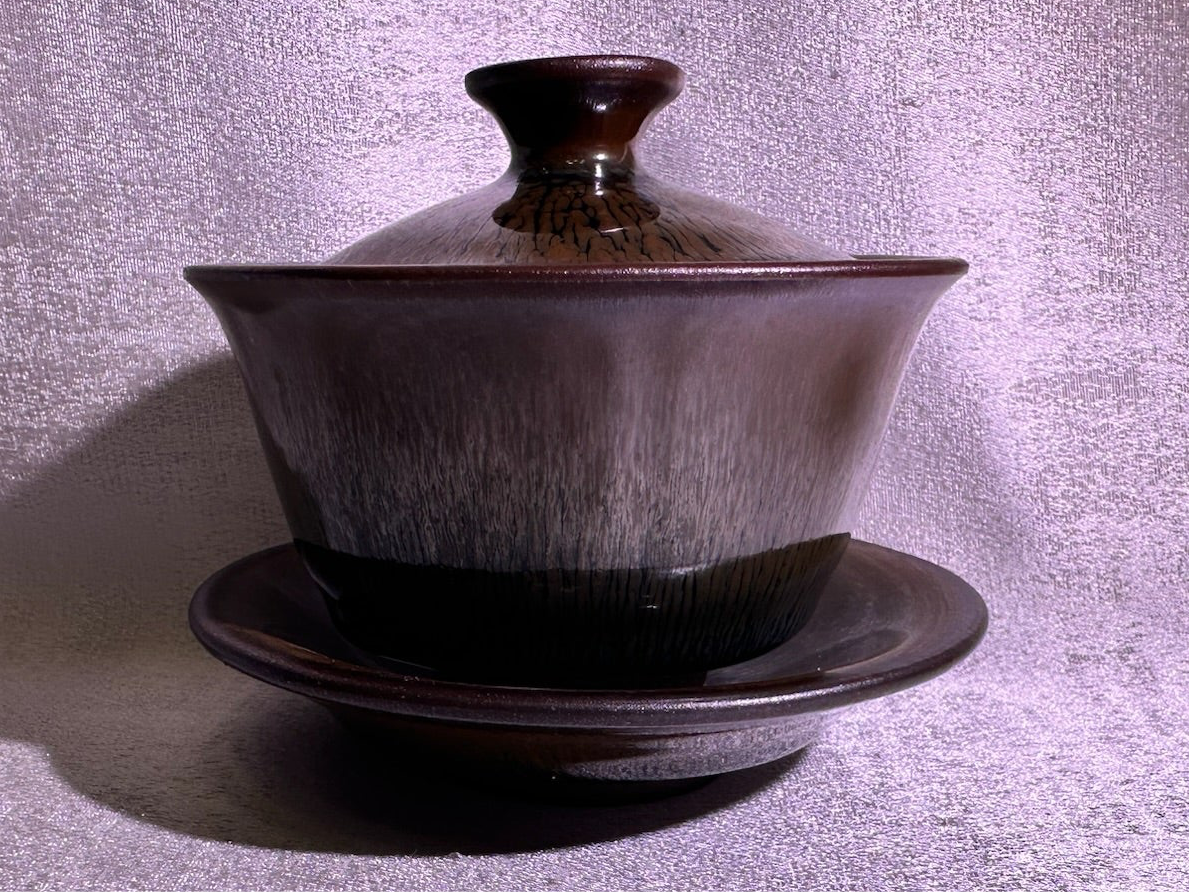 Ancient Song dynasty style black gold glaze brown hare’s fur pattern 3-piece Gaiwan set, ZoYunYuan