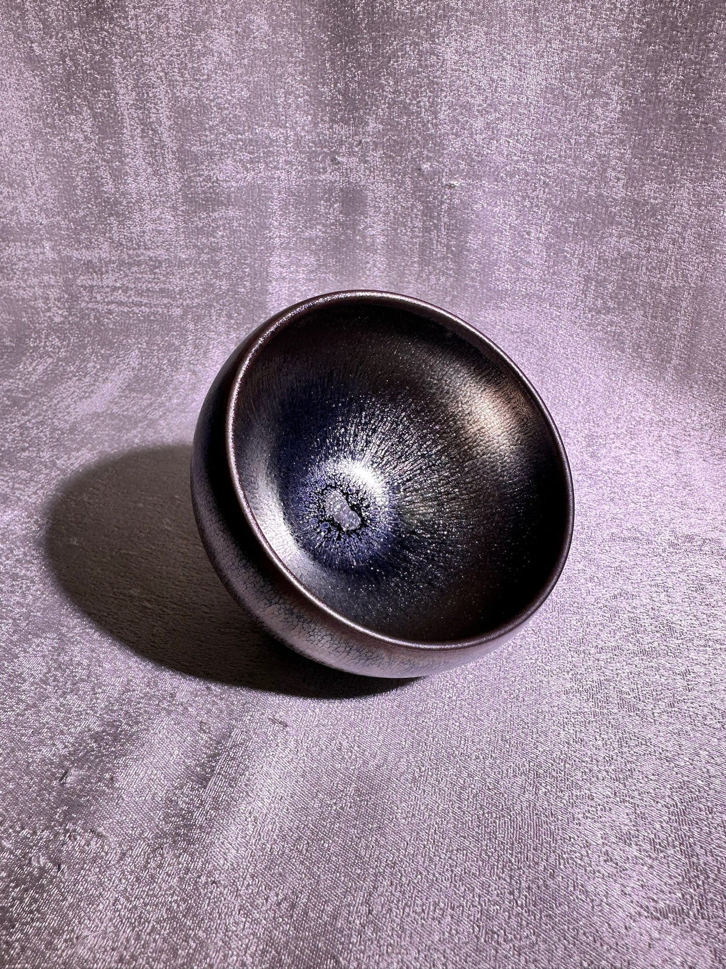 Cup22-Black glaze silver oil droplet hare’s fur pattern iridescent color monk bowl shape cap by YeShiMing