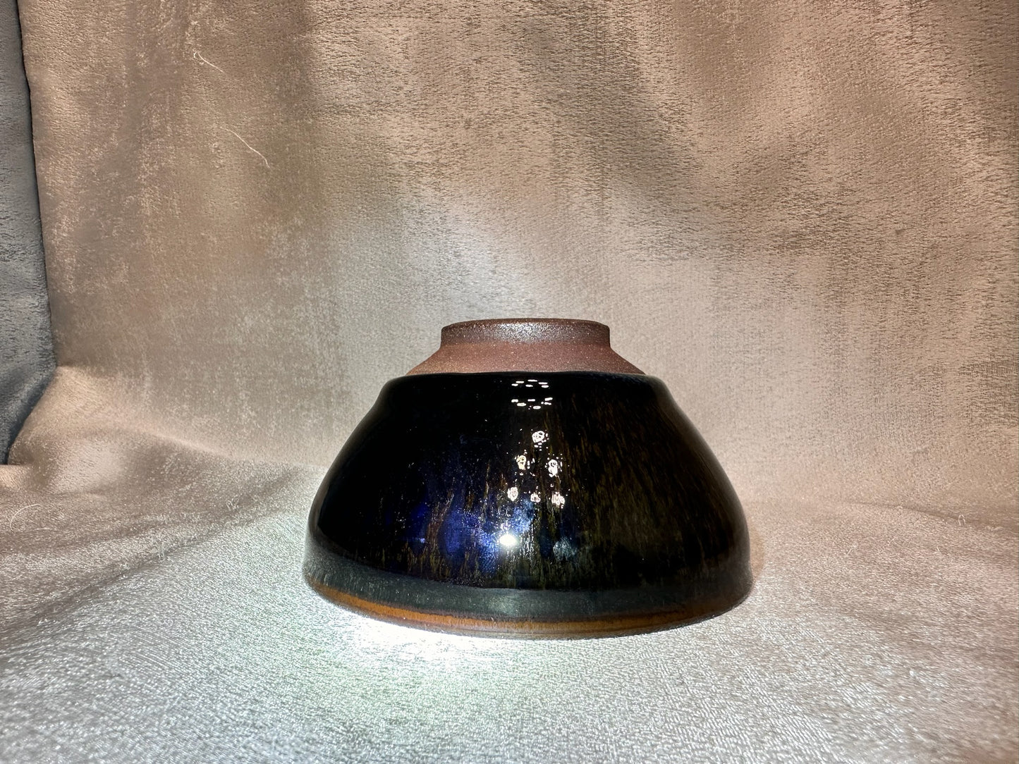 Black glaze kiln transformed multi color hare’s fur, tied mouth shape cup, JinChangXing