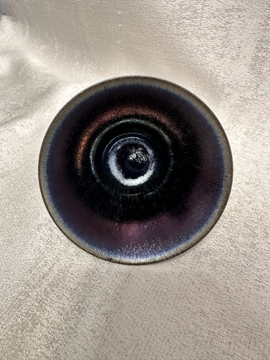 Super thin iron-rich clay body, obsidian glaze black hare’s fur flared mouth shape cup