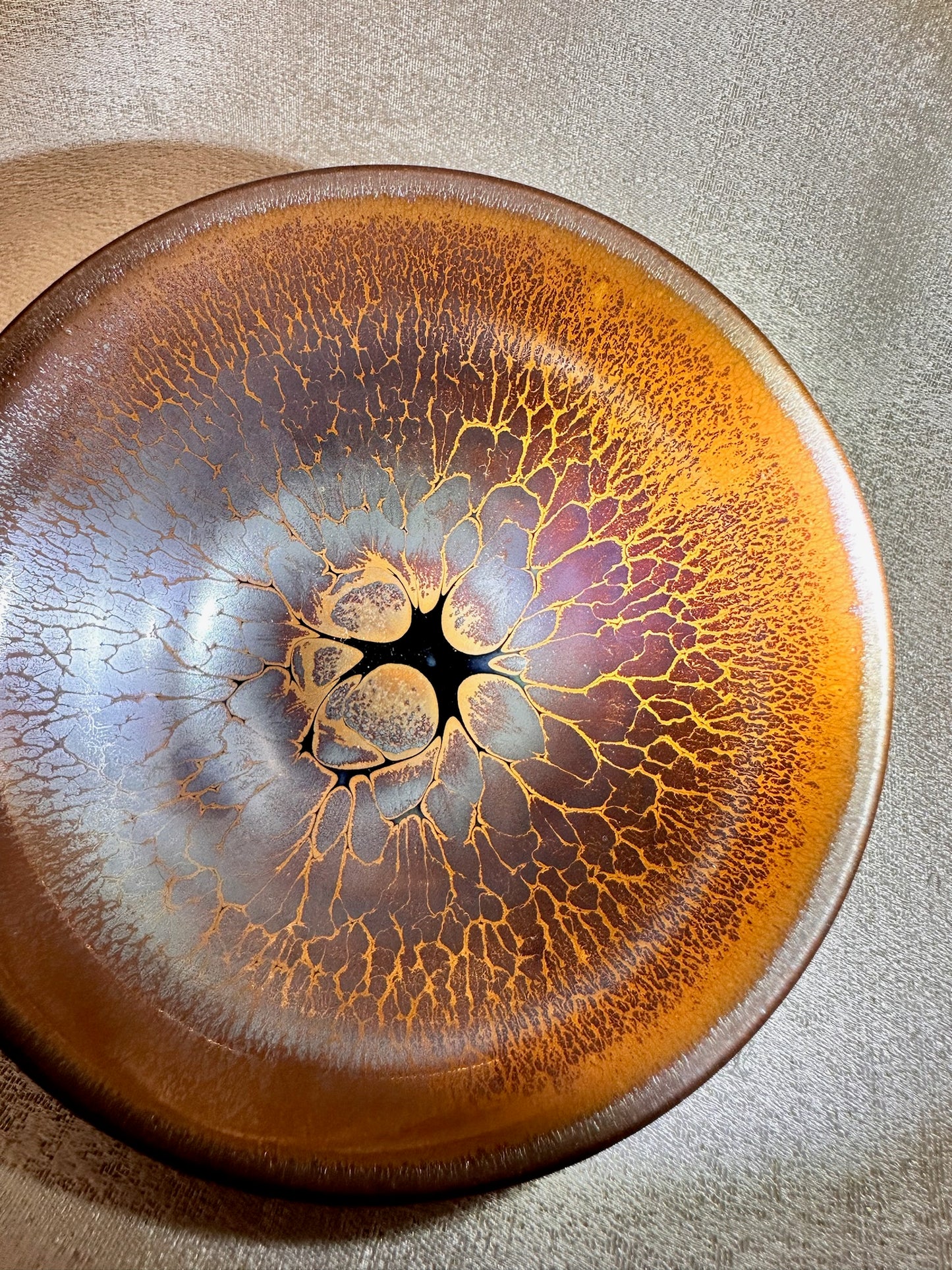 Ox-blood red glaze orange partridge feather pattern palace bowl shape cup by YeBin