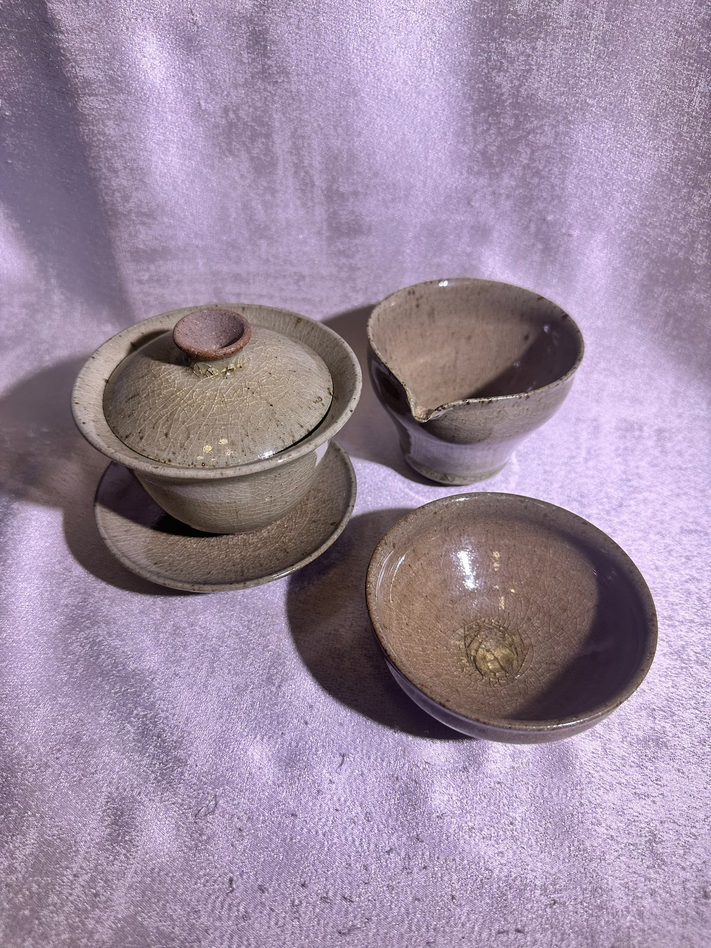 Elegant jade-like glaze 3-piece Gaiwan set, created with aged mud, YangFeiYan