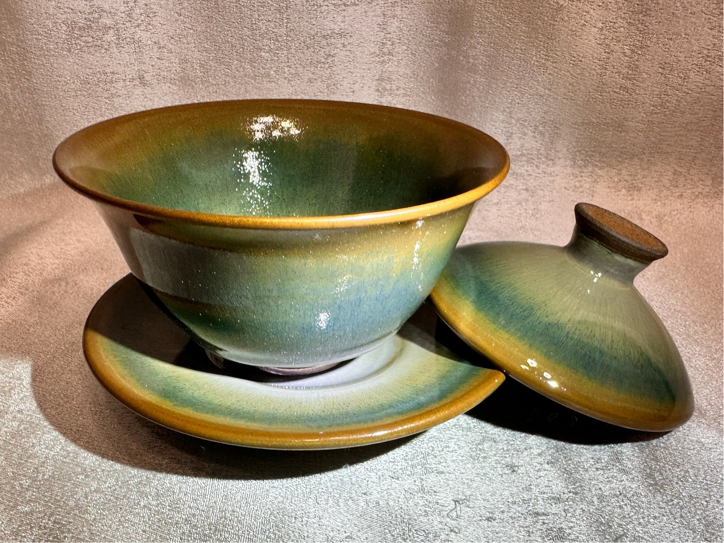 Green jade-like glaze green hare’s fur golden rim 3-piece Gaiwan set, GuPanHong