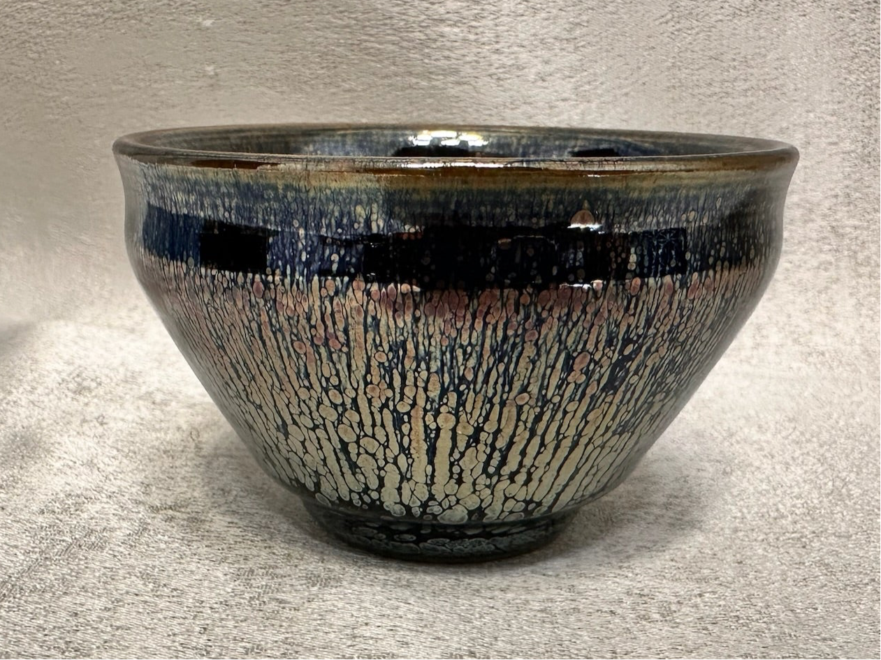 Black gold glaze rose gold multi colored oil droplet pattern tied mouth shape cup
