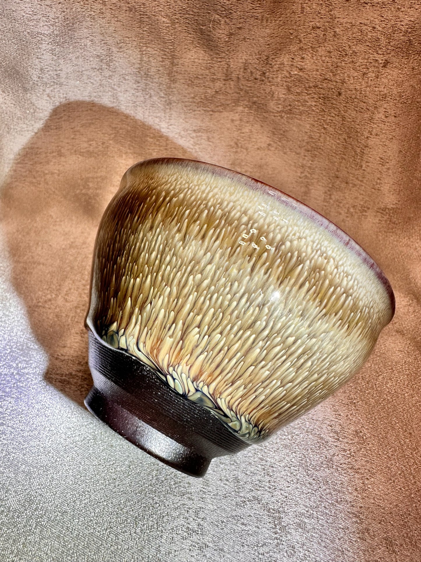Brown glaze white peony pattern ox-blood red rim tied mouth shape cup
