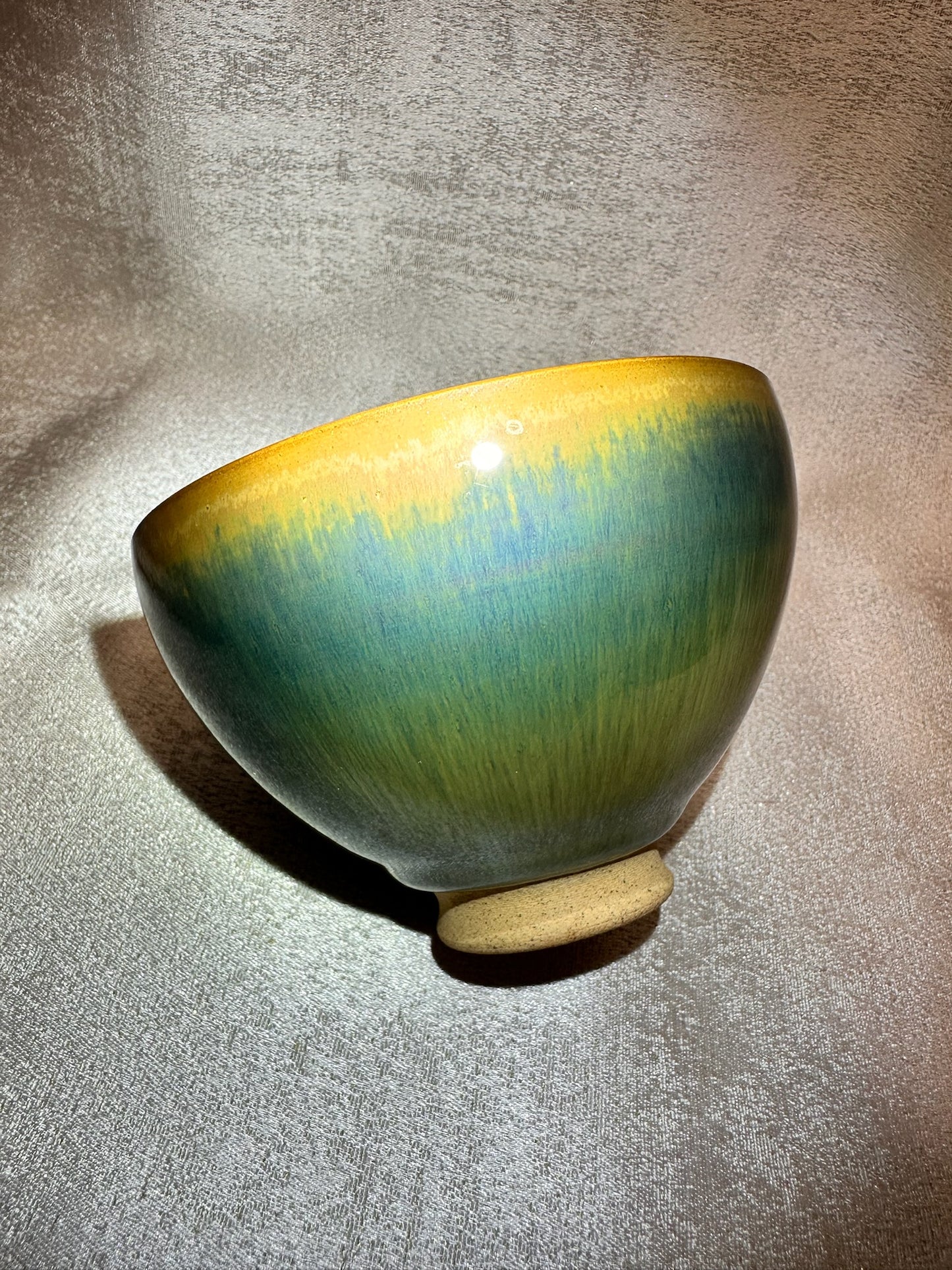 Green jade-like glaze green hare’s fur pattern flat mouth shape cup, GuPanHong