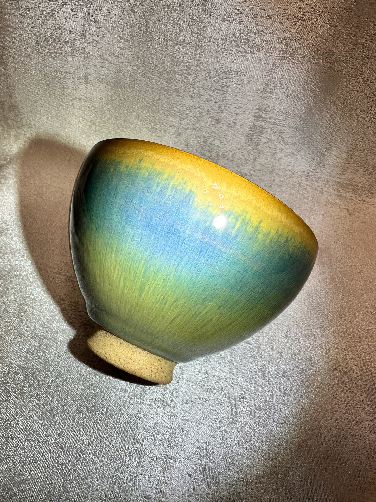 Green jade-like glaze green hare’s fur pattern flat mouth shape cup, GuPanHong