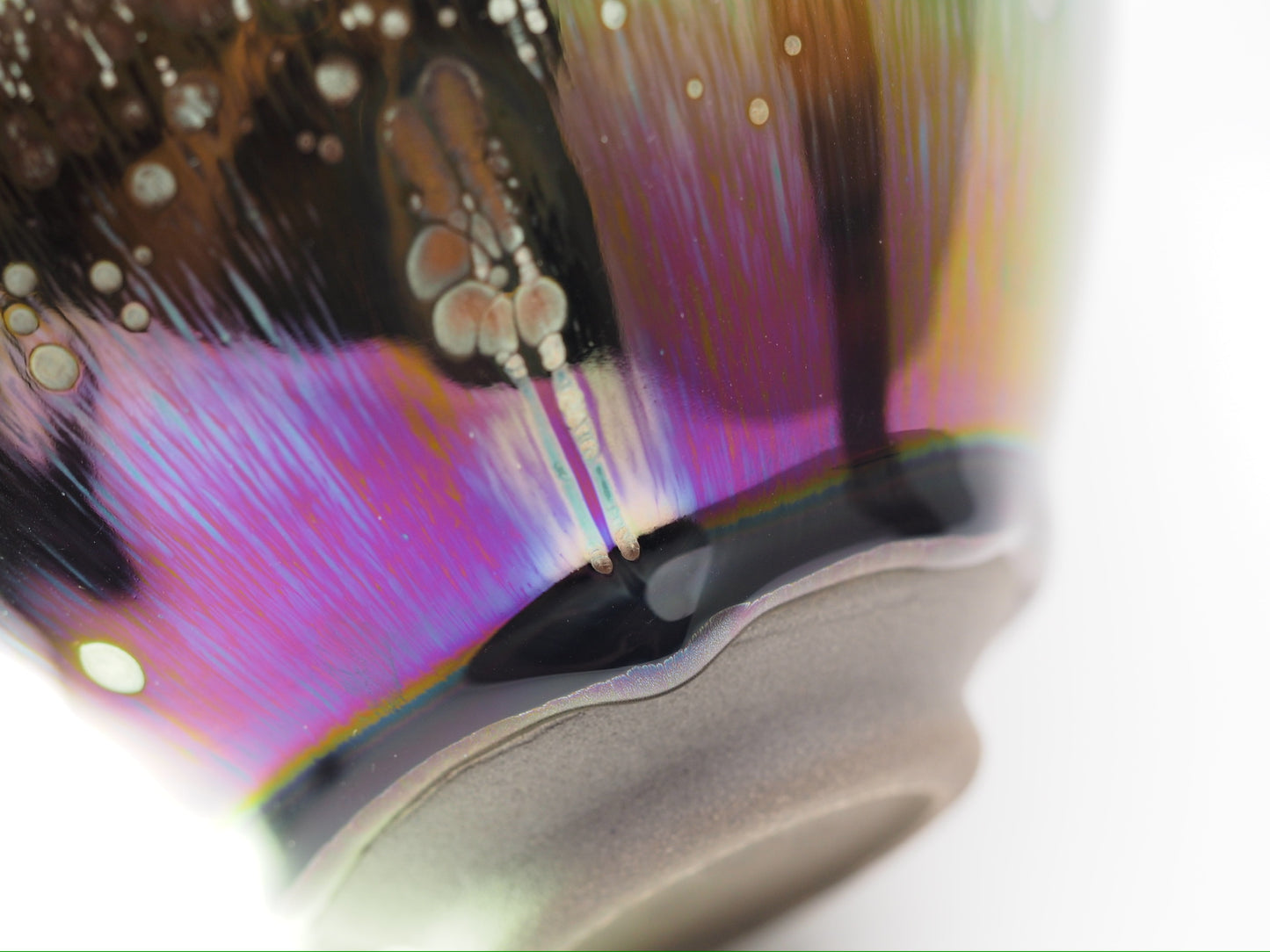 Multi color galaxy-like yohen glaze tied mouth Diancha tea bowl with one glaze tear drop
