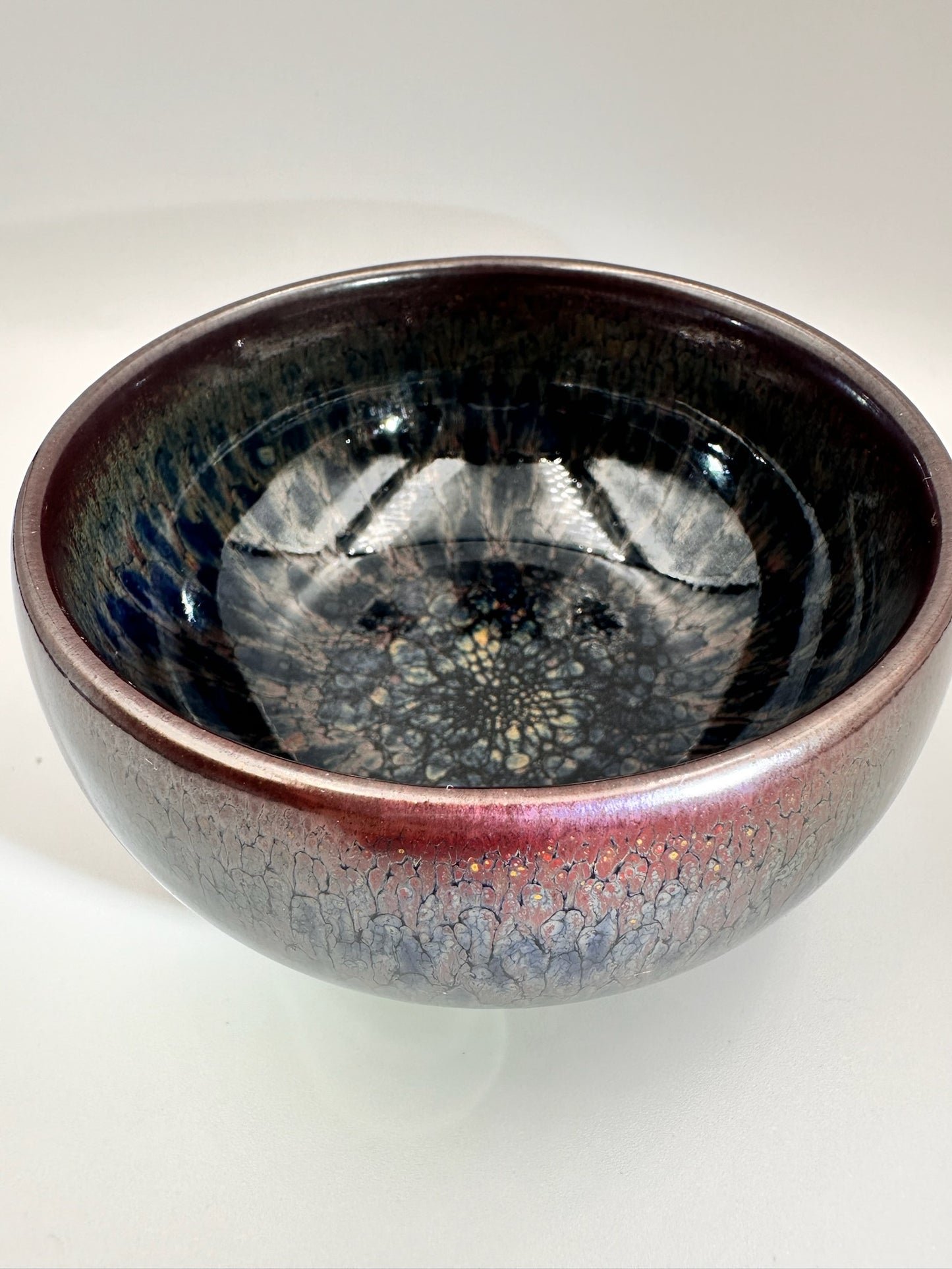 Black glaze kiln transformed multi-colored partridge pattern zen bowl shape cup with 5 glaze drips, LiuYouLiang