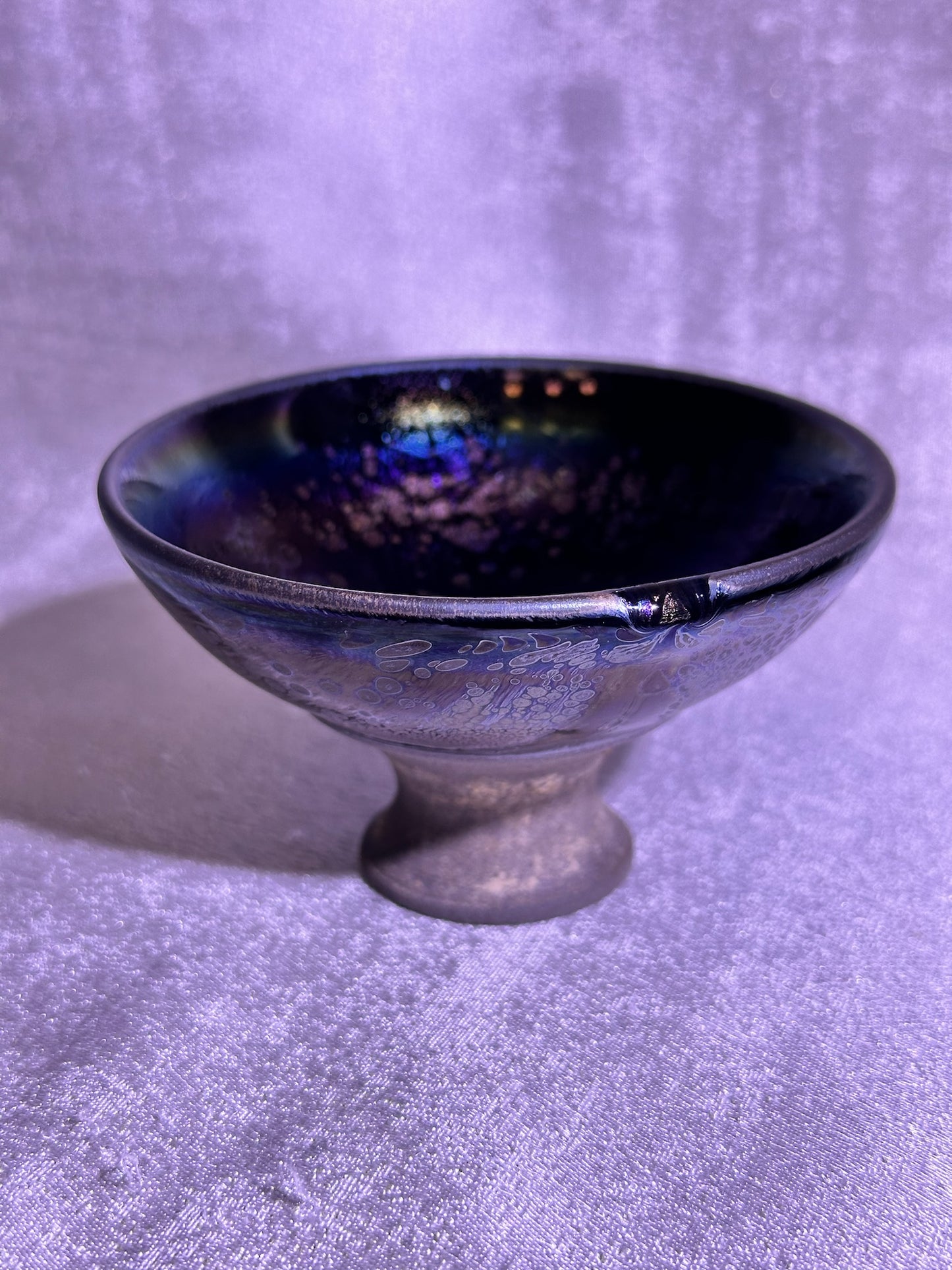 Cup5-Black purple side-firing glaze galaxy purple Yohen oil droplets pattern high foot flat mouth shape cup