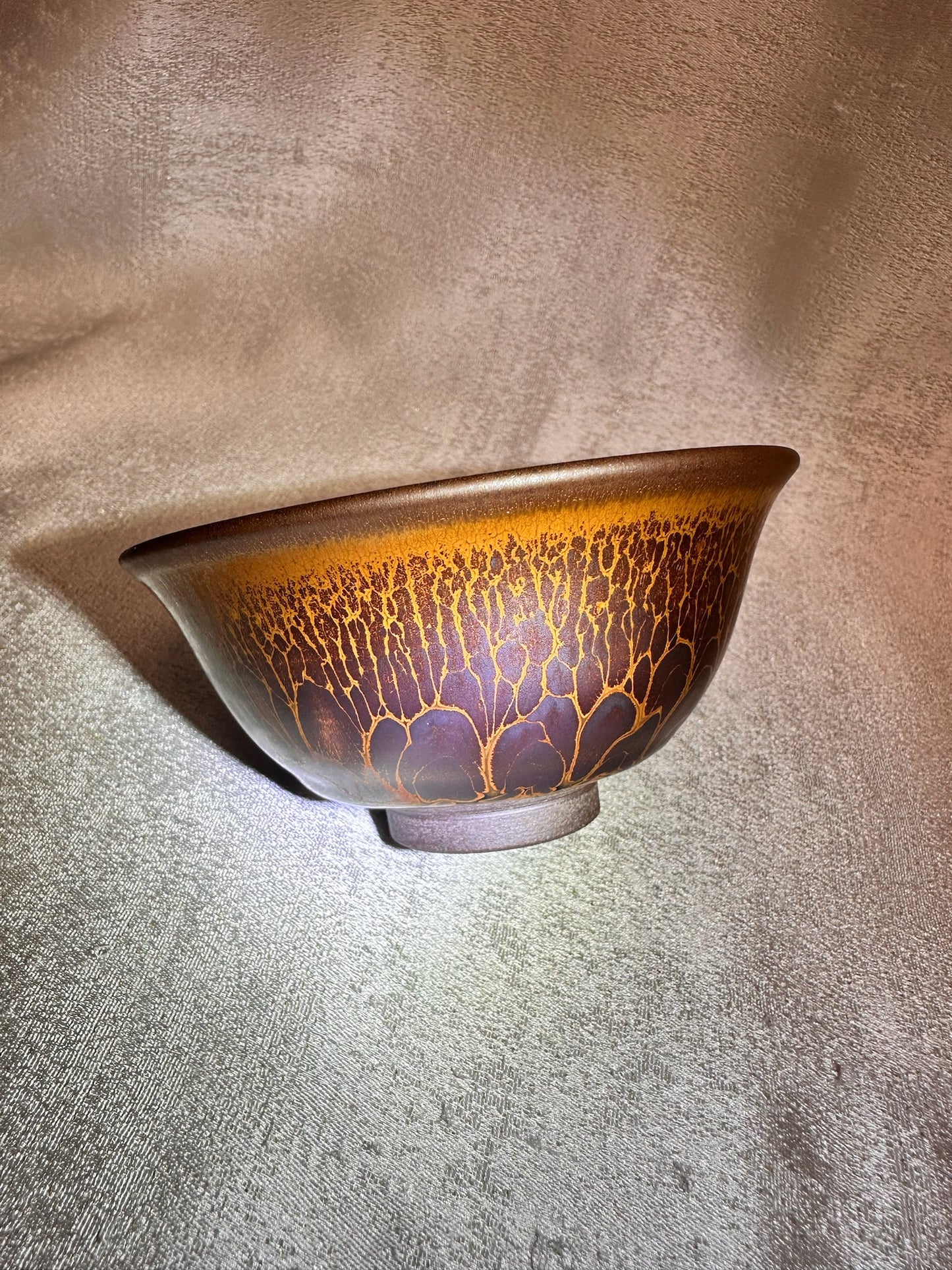 Ox-blood red glaze orange partridge feather pattern palace bowl shape cup by YeBin