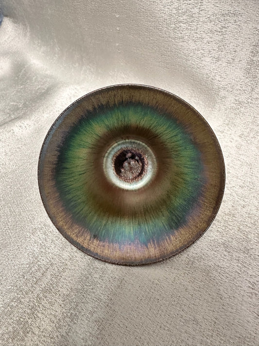 Super thin iron-rich clay body, rose gold glaze multi colored hare’s fur flared mouth shape cup