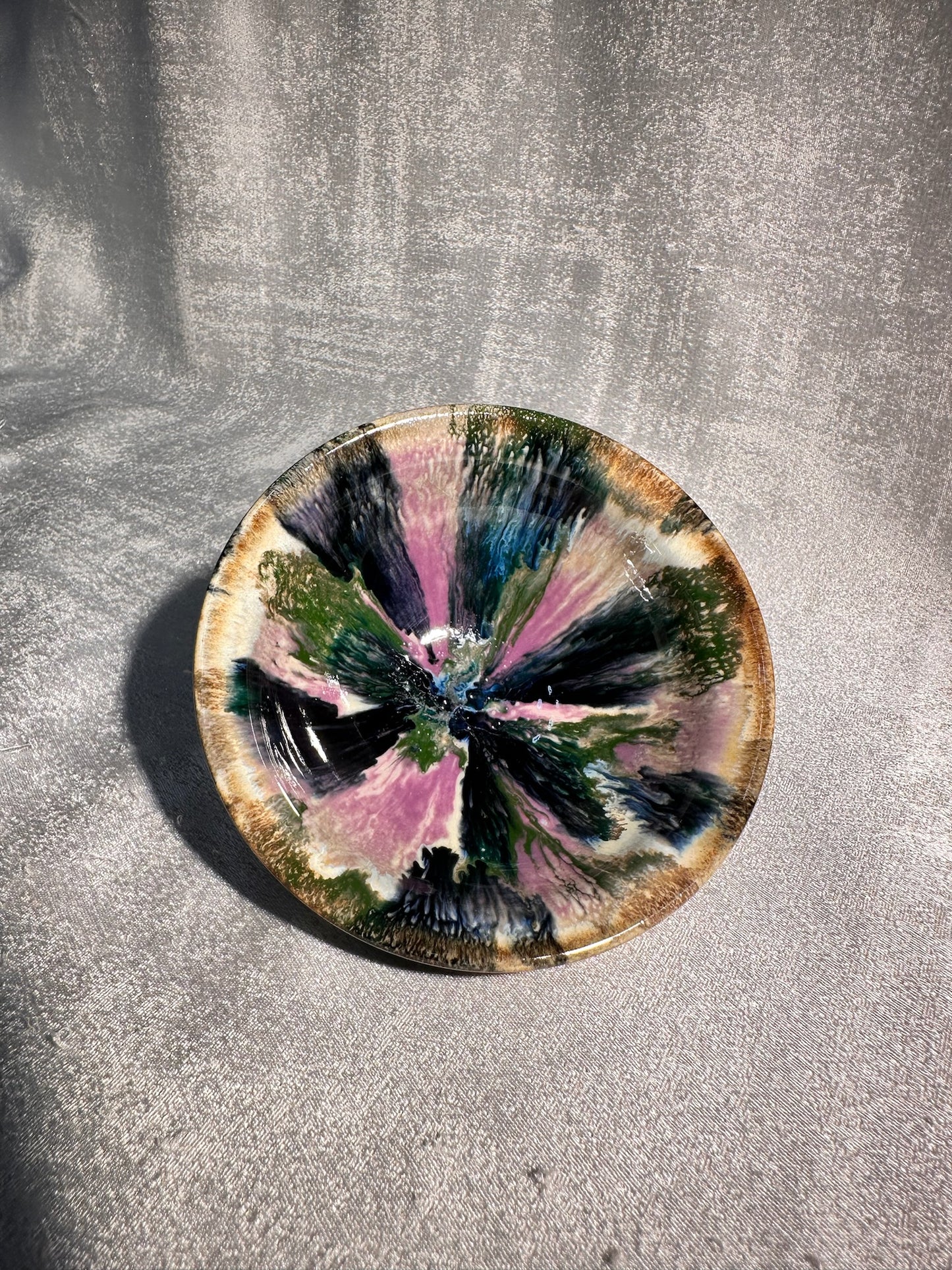Purple green magenta mountain river scenery glaze official’s hat shape cup by YouChao