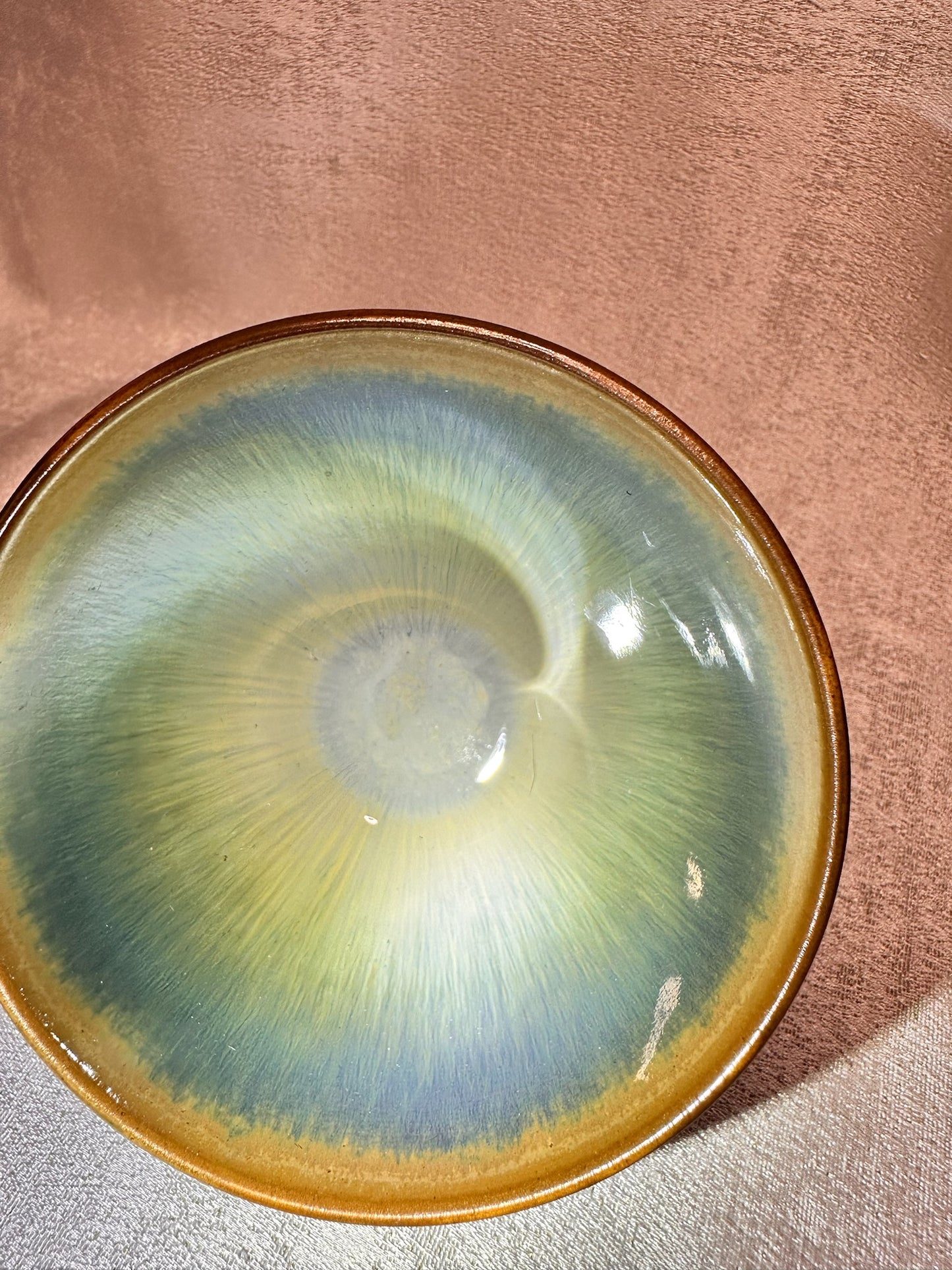 Green jade-like glaze green hare’s fur pattern flat mouth shape cup, GuPanHong