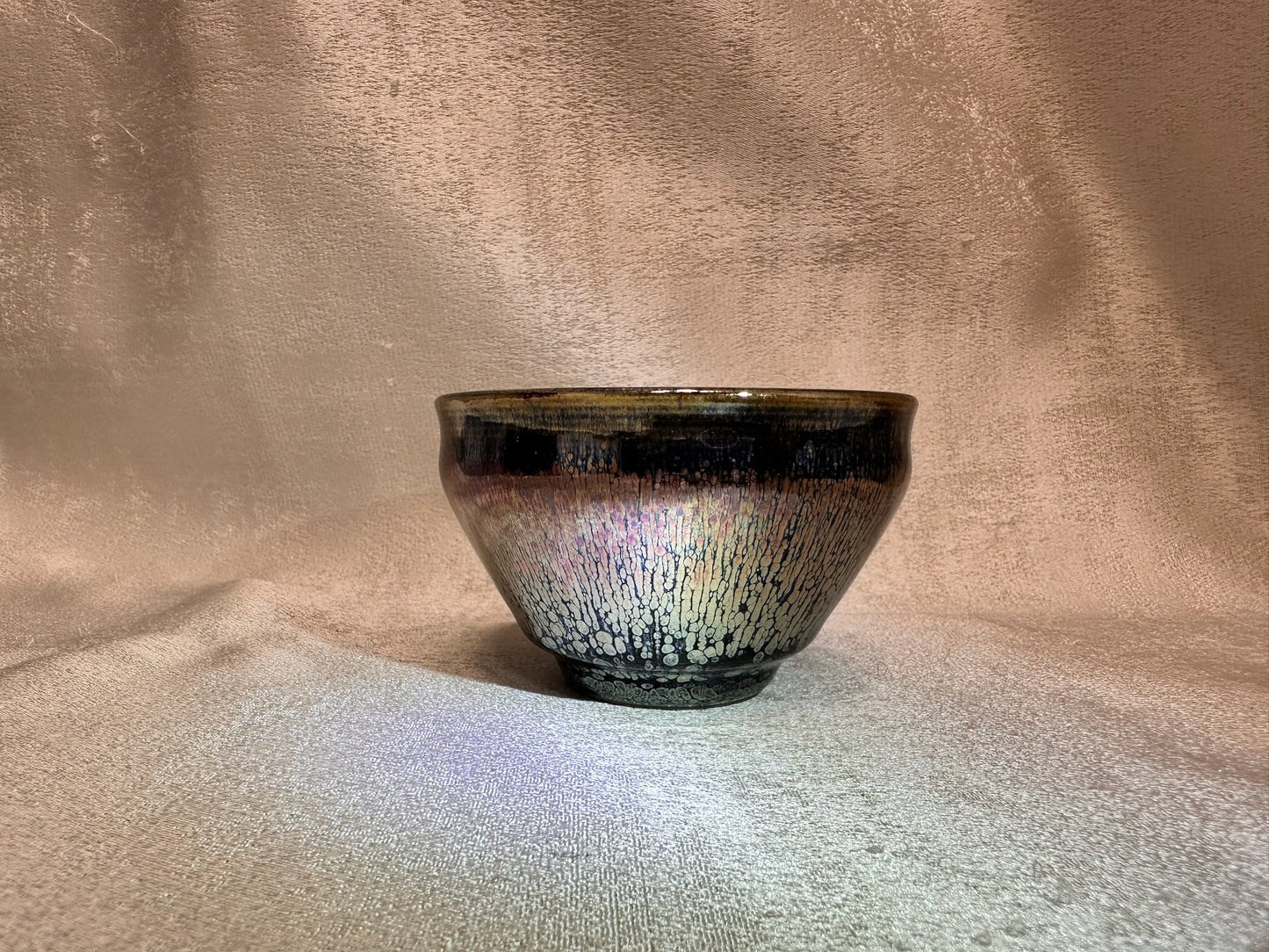 Black gold glaze rose gold multi colored oil droplet pattern tied mouth shape cup