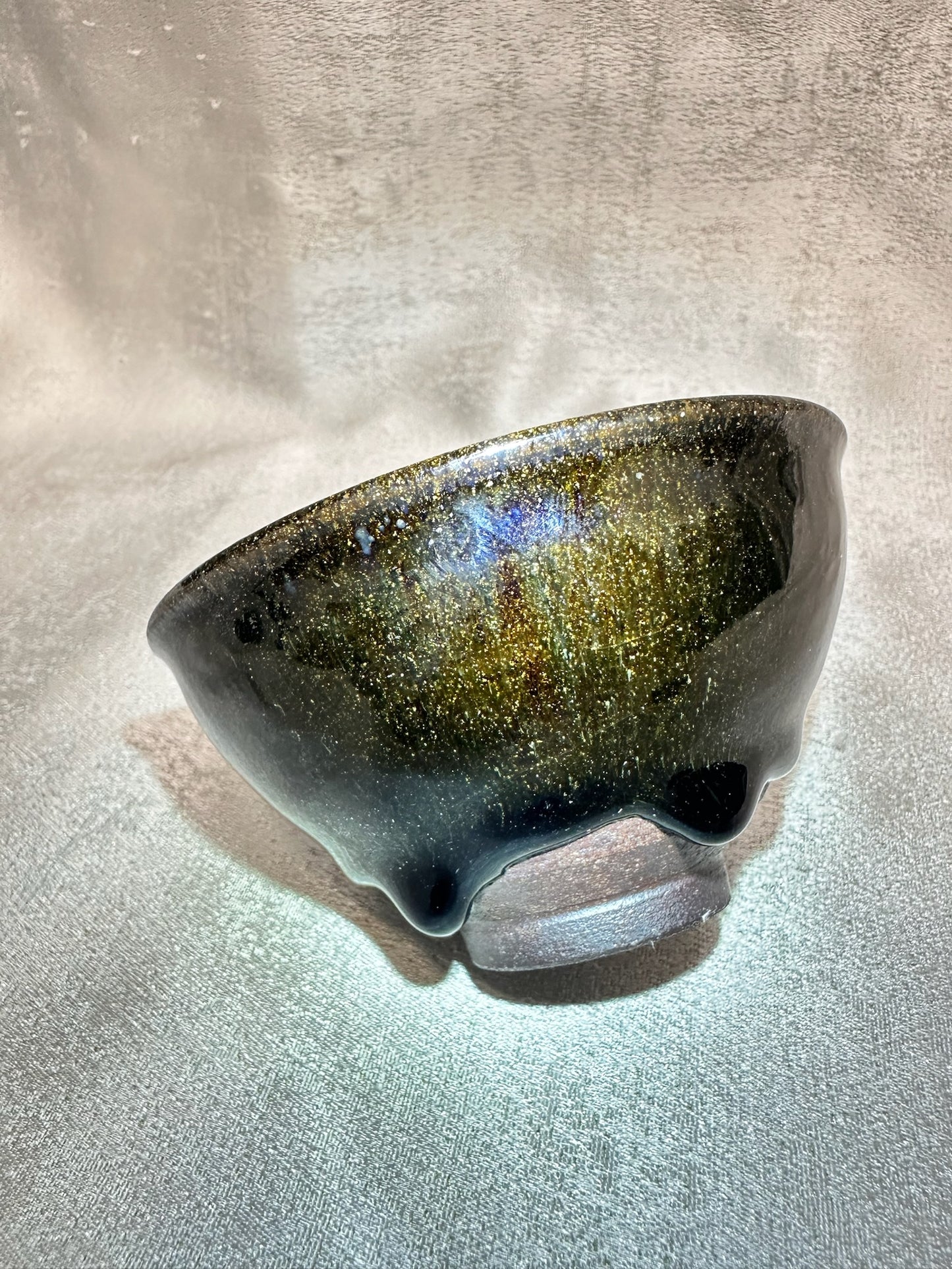 Black glaze kiln transformed golden sands blue hare’s fur pattern tied mouth shape cup with glaze tears, drippy
