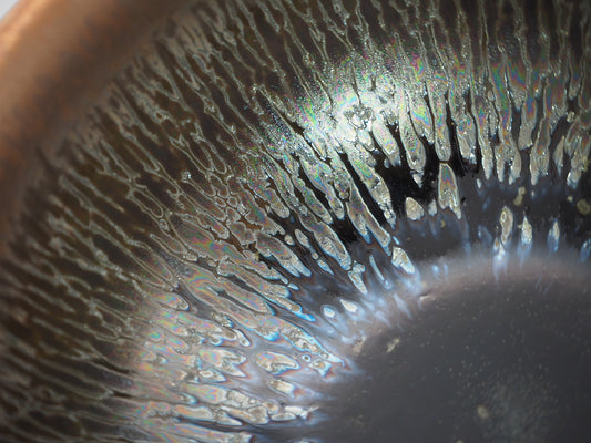 Rainbow Oil Droplet and Hare's Fur Army General Shape Cup