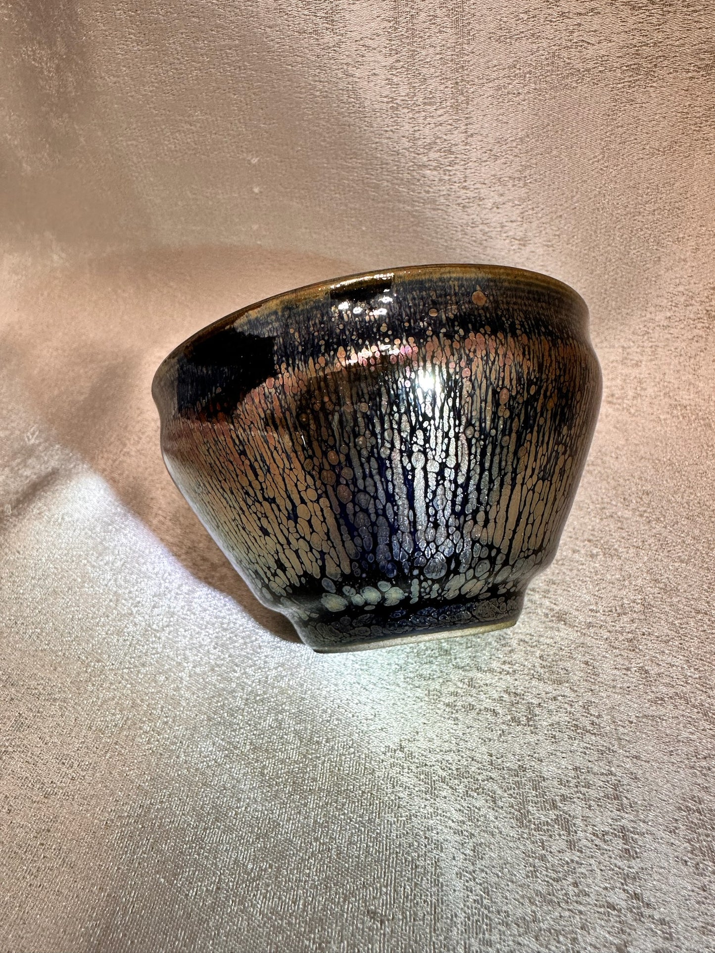 Black gold glaze rose gold multi colored oil droplet pattern tied mouth shape cup