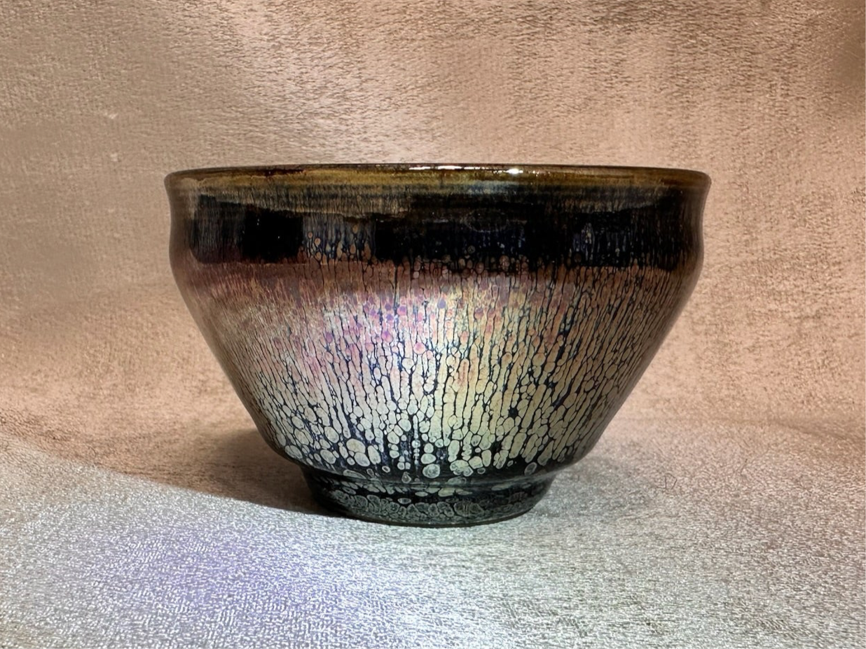 Black gold glaze rose gold multi colored oil droplet pattern tied mouth shape cup