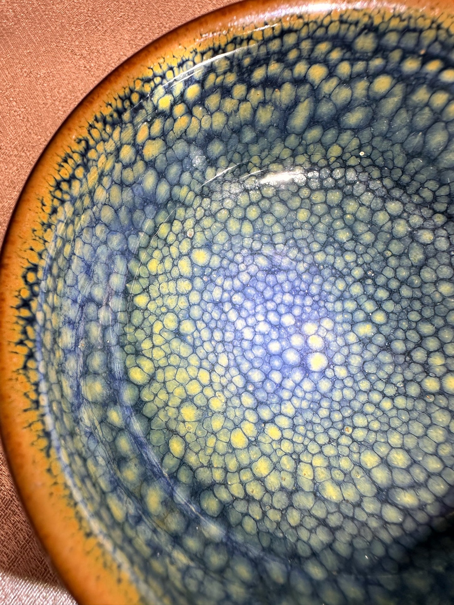 Blue-green glaze yellow partridge feather pattern golden rim zen bowl shape cup