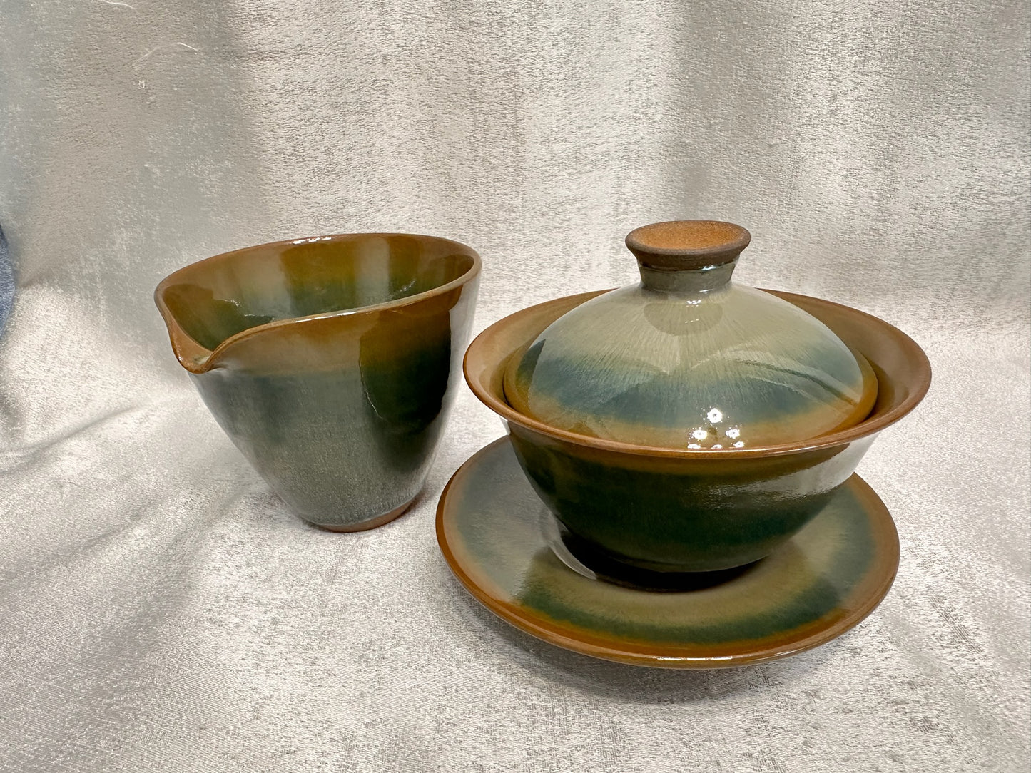 Green jade-like glaze green hare’s fur golden rim 3-piece Gaiwan set, GuPanHong