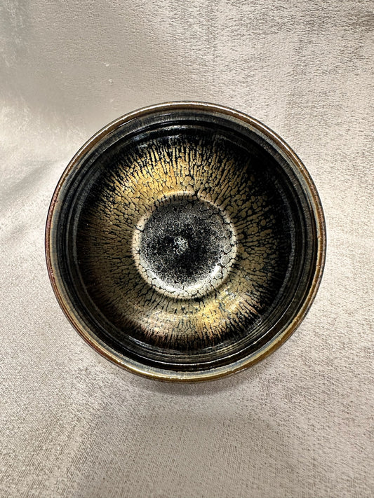 Black gold glaze rose gold multi colored oil droplet pattern tied mouth shape cup