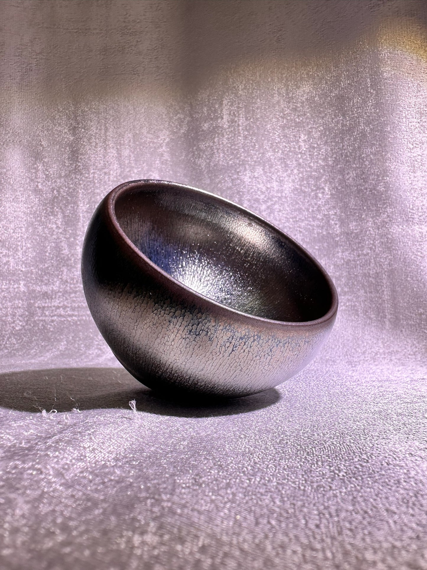 Cup22-Black glaze silver oil droplet hare’s fur pattern iridescent color monk bowl shape cap by YeShiMing