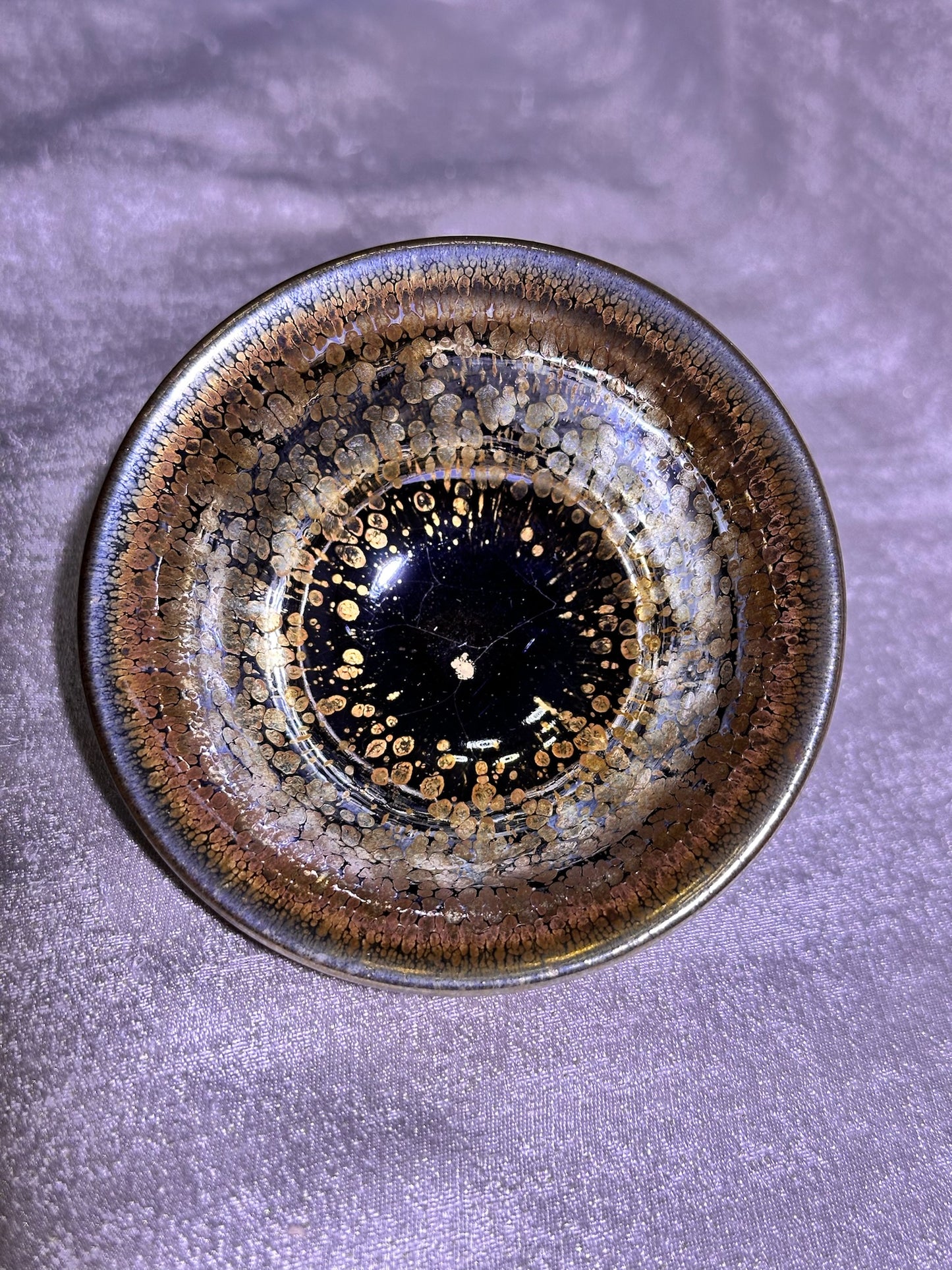 Cup3-Mirror-like silver glaze orange yellow golden oil droplets and hare’s fur pattern palace bowl shape cup, Yongle handpress cup