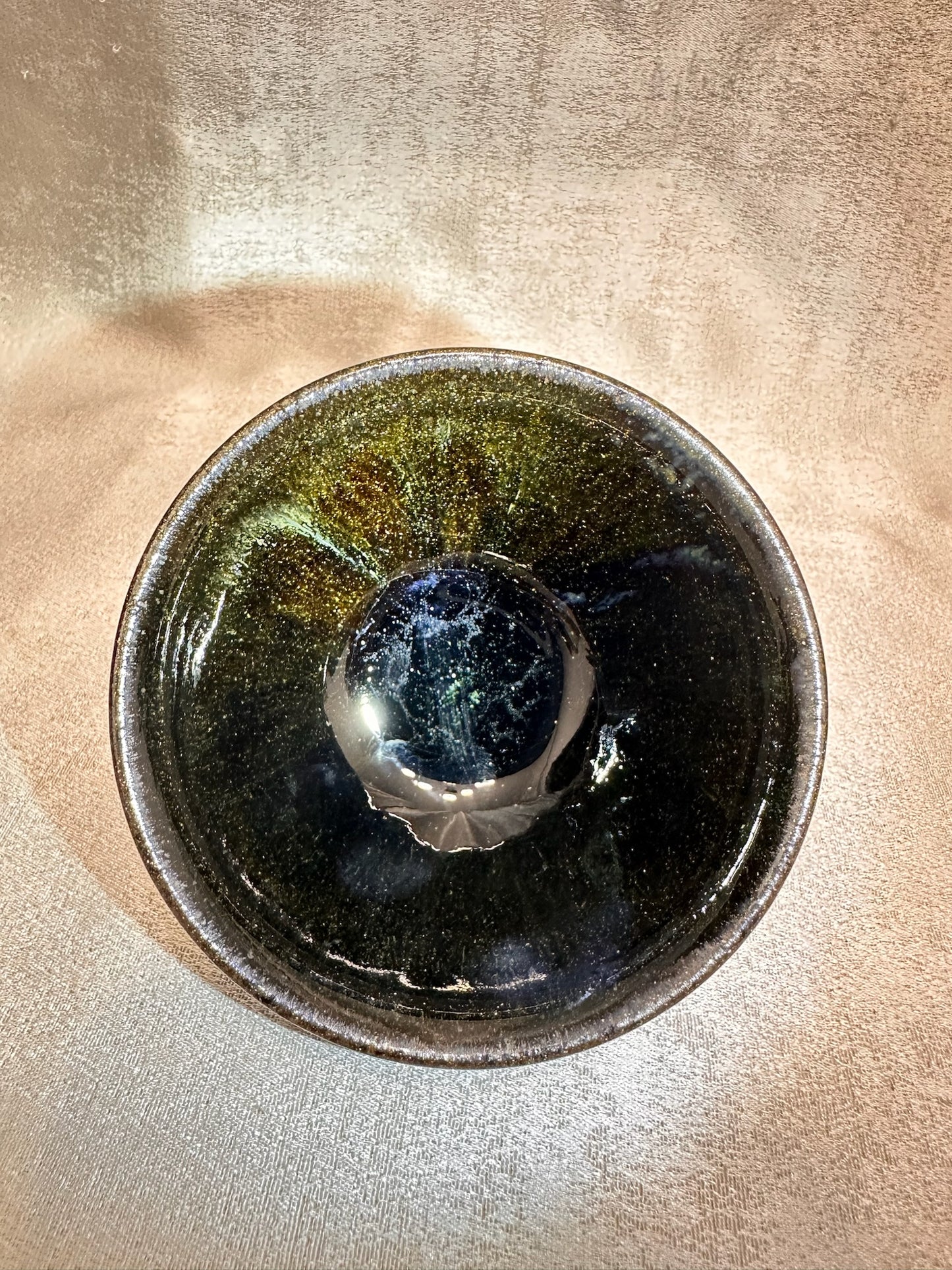 Black glaze kiln transformed golden sands blue hare’s fur pattern tied mouth shape cup with glaze tears, drippy