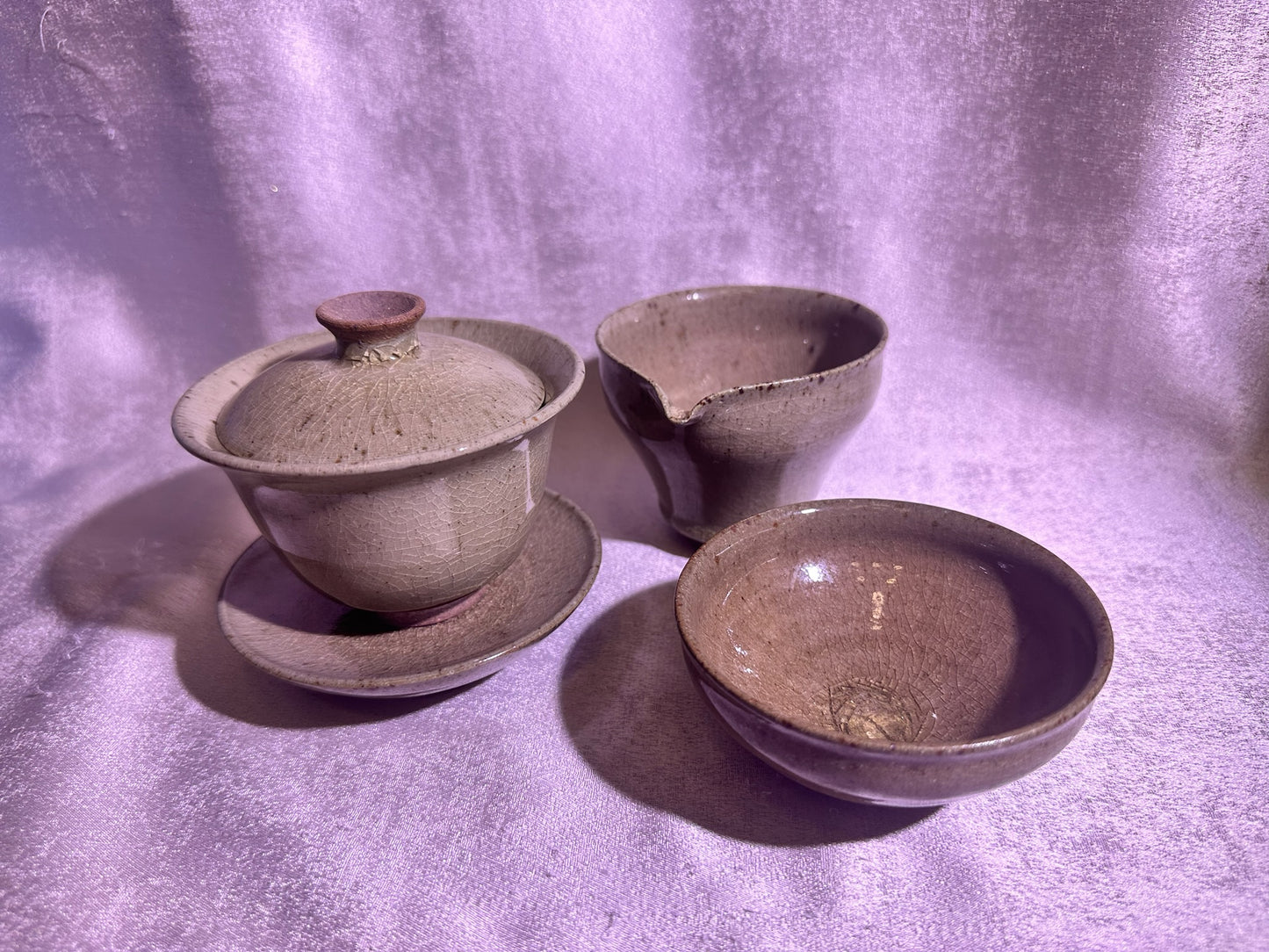 Elegant jade-like glaze 3-piece Gaiwan set, created with aged mud, YangFeiYan