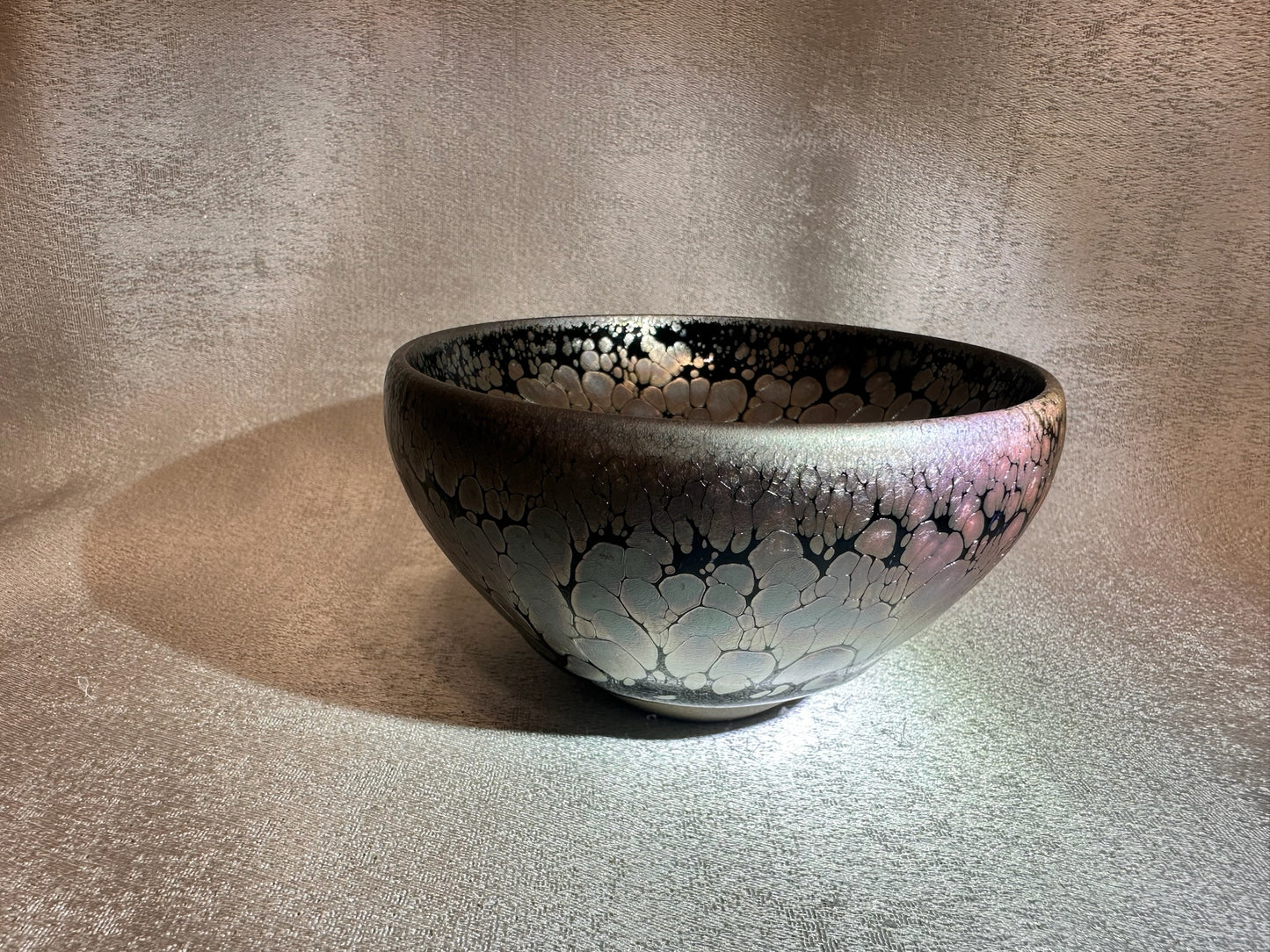 Black glaze metallic rose gold oil droplet flower pattern footless monk bowl shape cup, NiTing