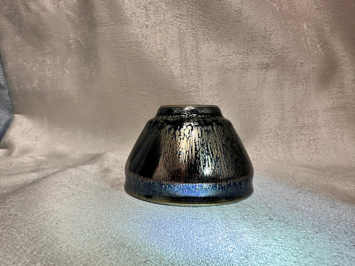 Black gold glaze rose gold multi colored oil droplet pattern tied mouth shape cup