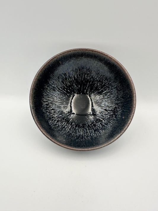 Black glaze silver hare’s fur pattern scorched iron red rim flat mouth cup