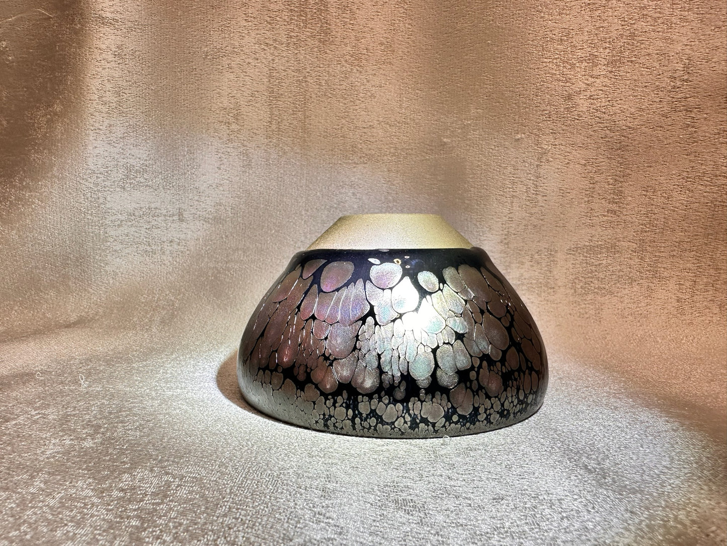 Black glaze metallic rose gold oil droplet flower pattern footless monk bowl shape cup, NiTing