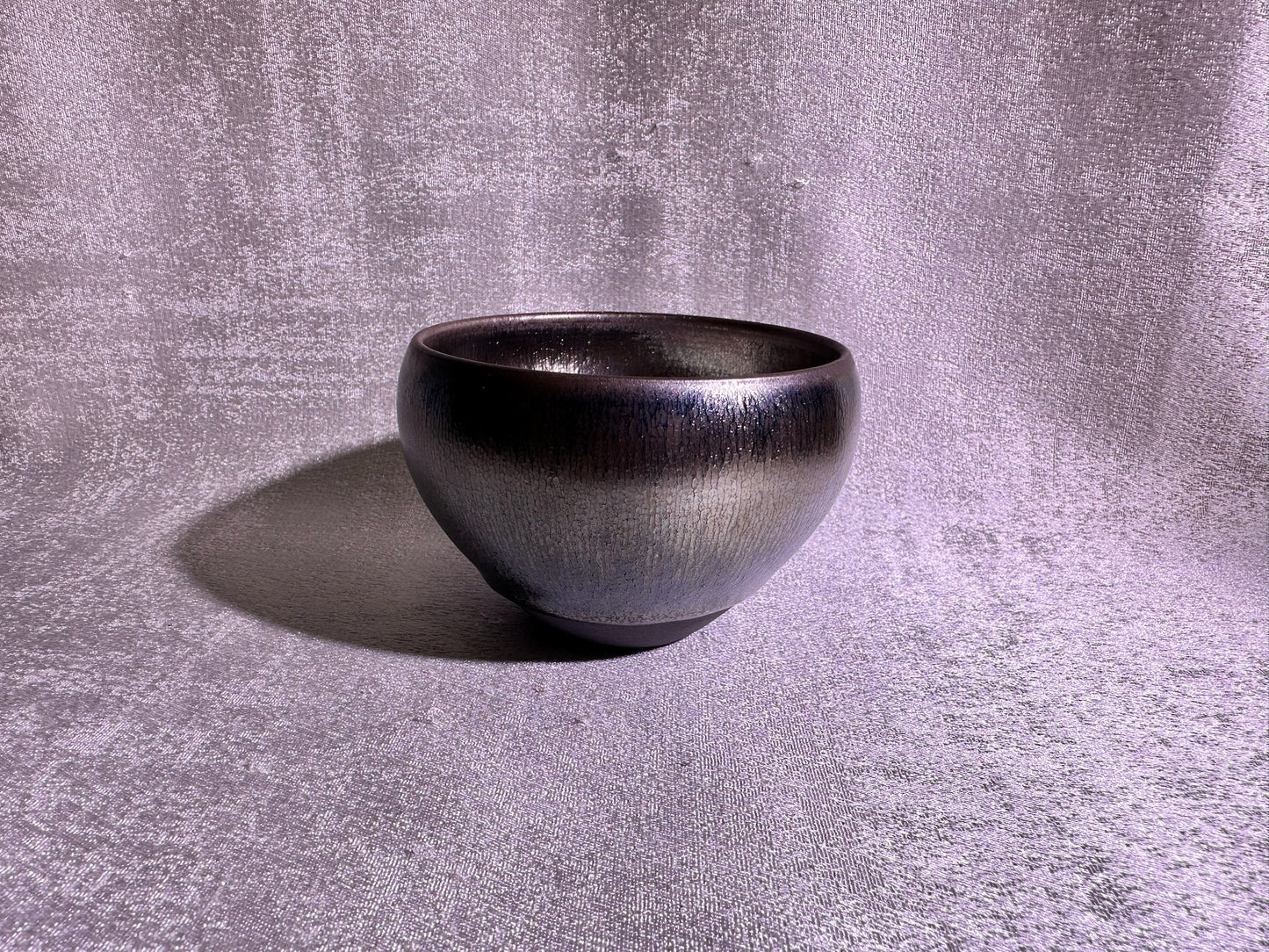 Cup22-Black glaze silver oil droplet hare’s fur pattern iridescent color monk bowl shape cap by YeShiMing