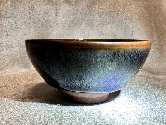 Black glaze silver blue hare’s fur pattern brown rim flat mouth shape cup