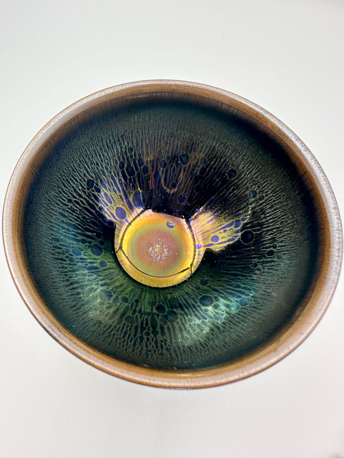 Black glaze green hare’s fur and oil droplet pattern tied mouth shape cup, LiuYouLiang
