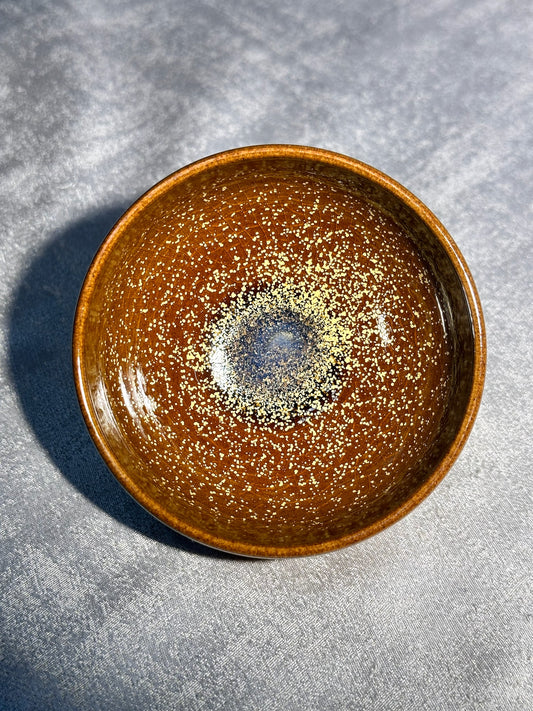 Cup1-Brown jade-like glaze daisy oil droplets pattern ice crackles monk bowl shape cup 古潭花 by WangZhangLiang