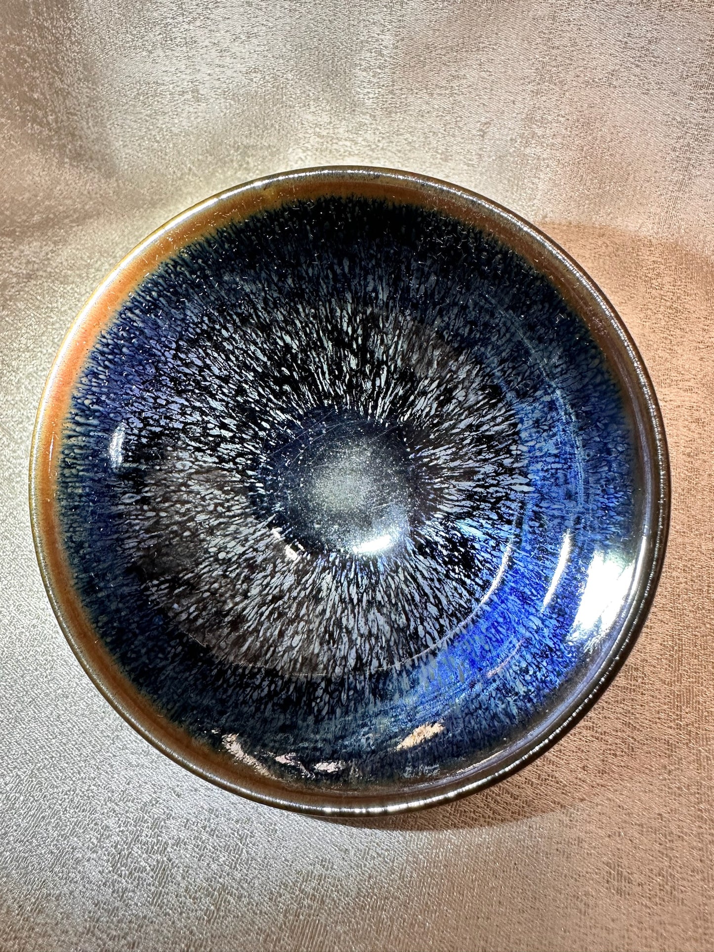 Black glaze silver blue hare’s fur pattern brown rim flat mouth shape cup