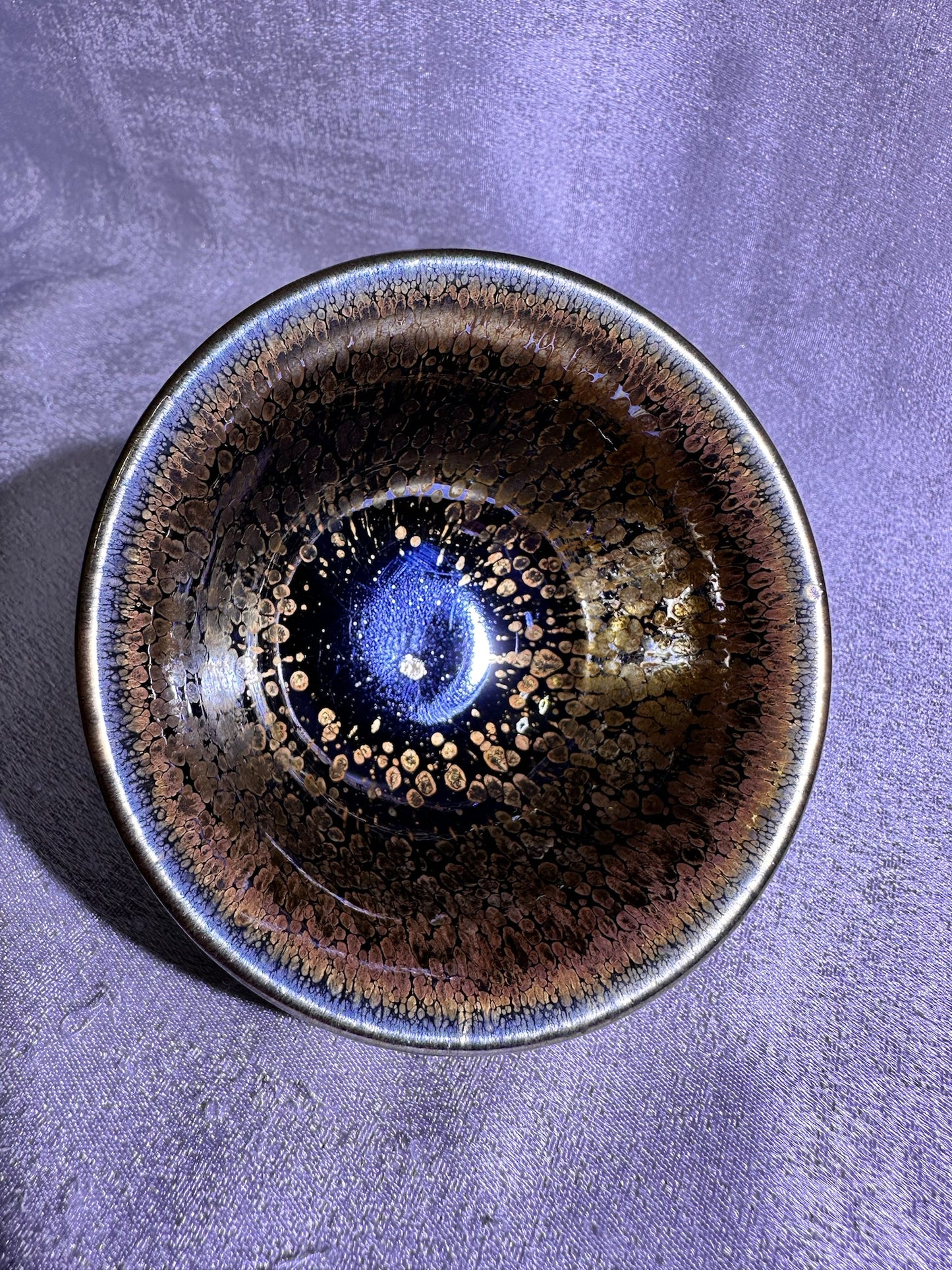 Cup3-Mirror-like silver glaze orange yellow golden oil droplets and hare’s fur pattern palace bowl shape cup, Yongle handpress cup