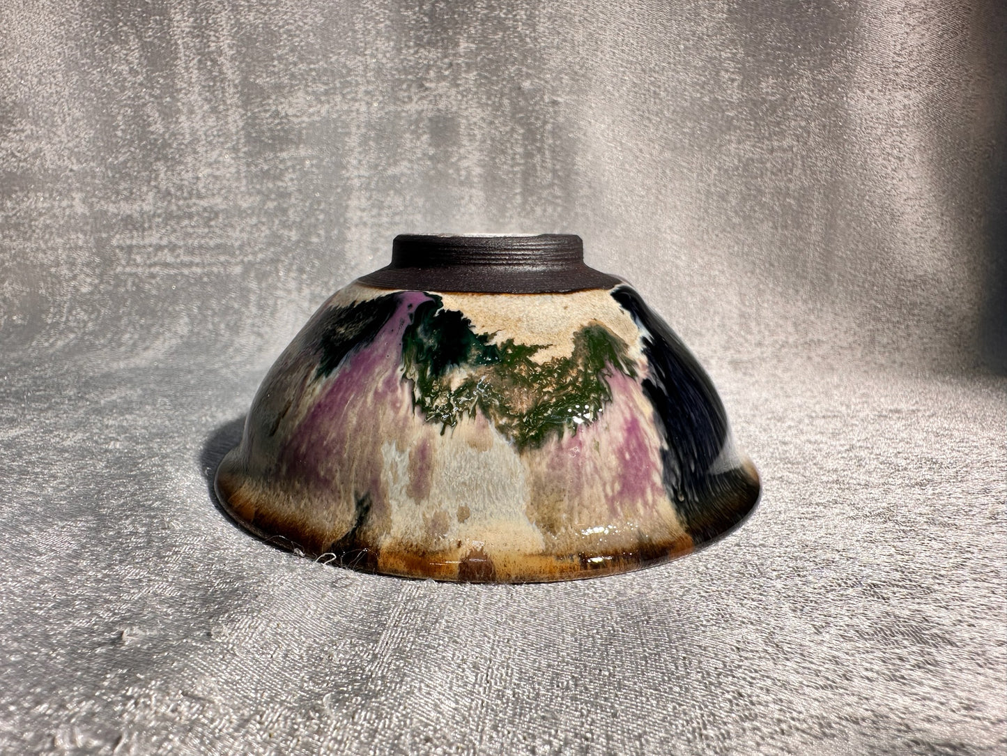 Purple green magenta mountain river scenery glaze official’s hat shape cup by YouChao