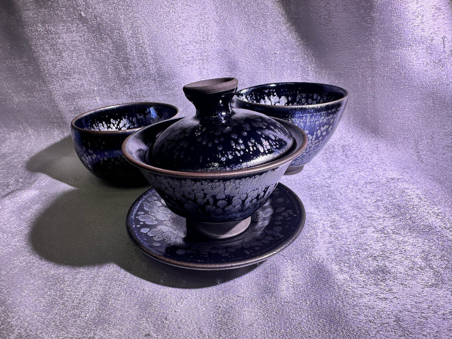 National Treasure Peony, black glaze silver oil droplet peony pattern 3-piece Gadiwan set