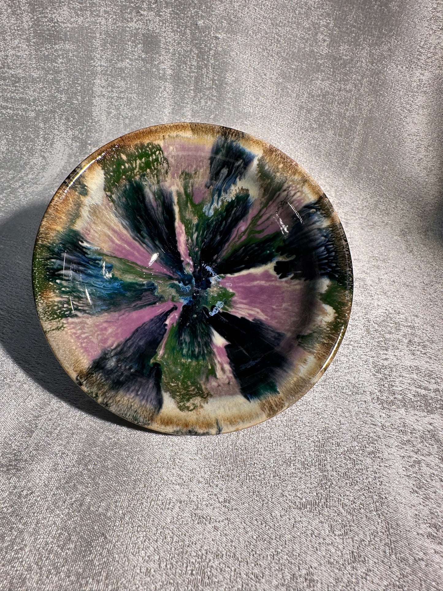 Purple green magenta mountain river scenery glaze official’s hat shape cup by YouChao