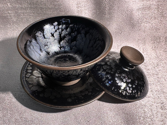 National Treasure Peony, black glaze silver oil droplet peony pattern 3-piece Gadiwan set