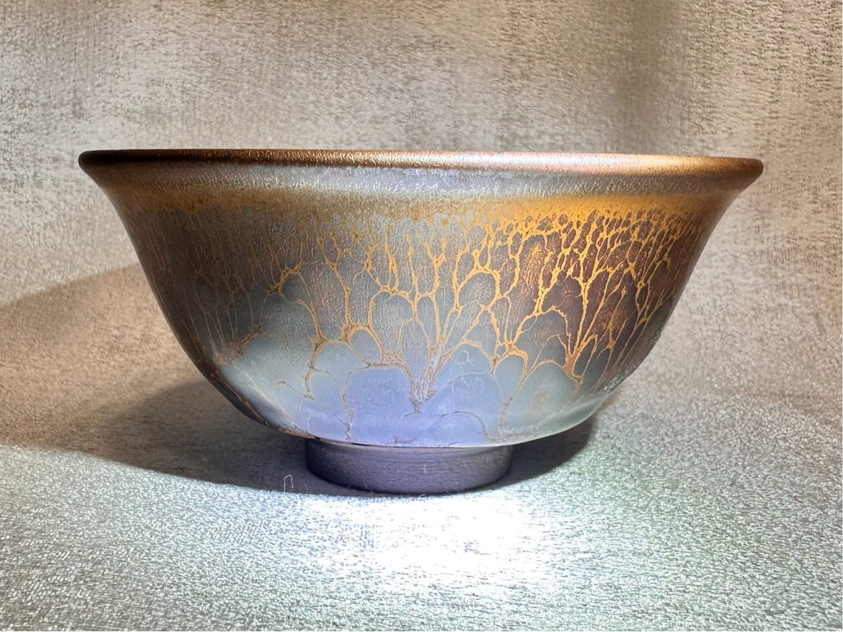 Ox-blood red glaze orange partridge feather pattern palace bowl shape cup by YeBin